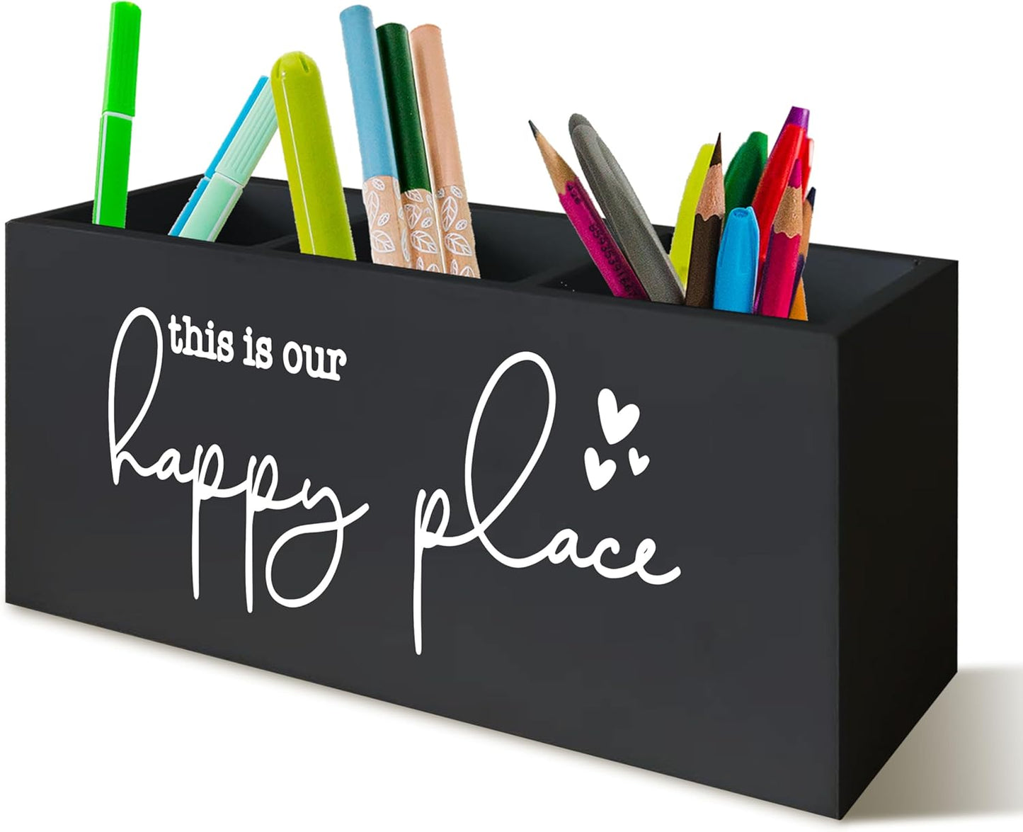 Inspirational Quote This is Our Happy Place Rustic Porch Bathroom Kitchen Decor Wooden Pencil Holder Organizer for Home Office Accessories Inspirational Desk Pen Holder,Housewarming Gifts