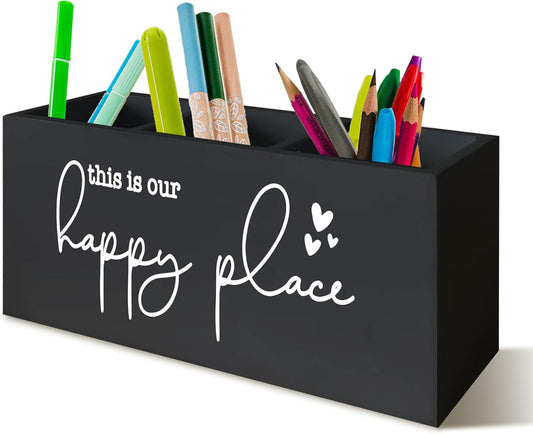 Inspirational Quote This is Our Happy Place Rustic Porch Bathroom Kitchen Decor Wooden Pencil Holder Organizer for Home Office Accessories Inspirational Desk Pen Holder,Housewarming Gifts