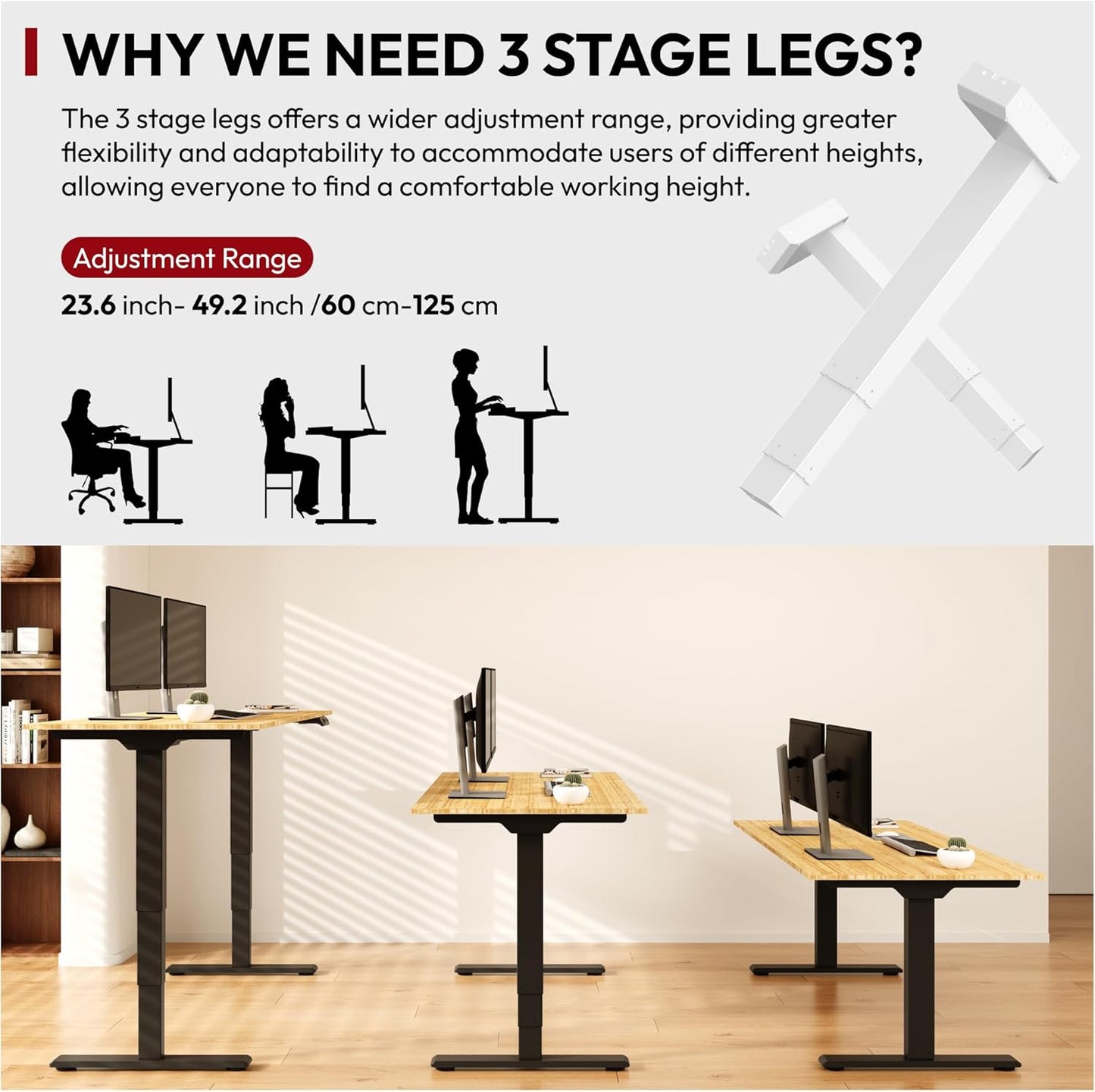 Standing Desk with Dual Motor, 3-Stage Lifting Column, Handset with 3 Preset and Sit-Stand Reminder - 60 inch Whole Piece Real Bamboo/Black Frame, Height Adjustable Desk for Home and Office
