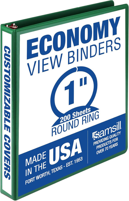 Samsill 1 Inch 3 Ring Binder, Made in USA, Economy Round Ring, Clear View Cover, 200 Sheet Capacity - for School, Home, Office - Forest Green