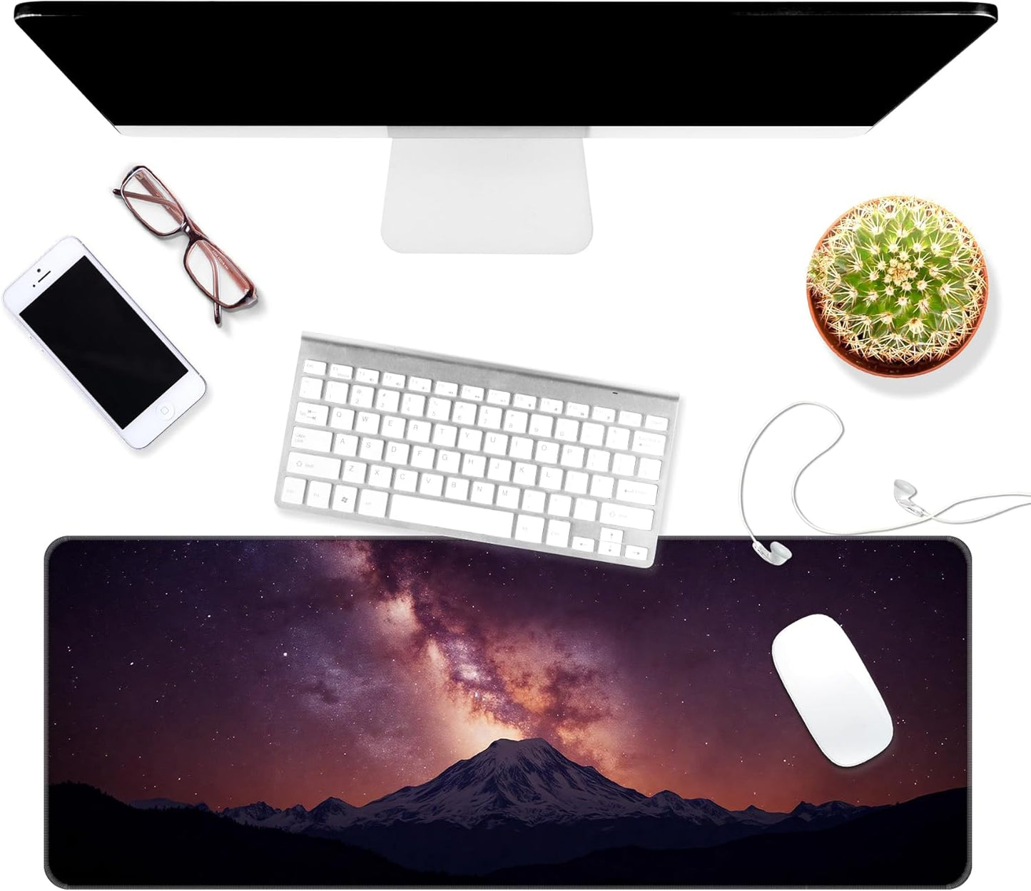 Dynippy Thin Extended Gaming Mouse Pad （31.5 * 11.8 * 0.08 inch） with Stitched Edges Large Mousepad Long XXL Keyboard and Mouse pad Desk Mat for Gaming Office & Home - Mountain Under The Starry Sky