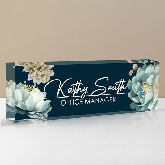 Personalized Name Plate for Desk, Custom Desk Name Plate, Acrylic Name Plate Office Desk Accessories, Personalized Office Gifts for Coworkers Teachers, Employee Appreciation Gifts (B-White Flower)