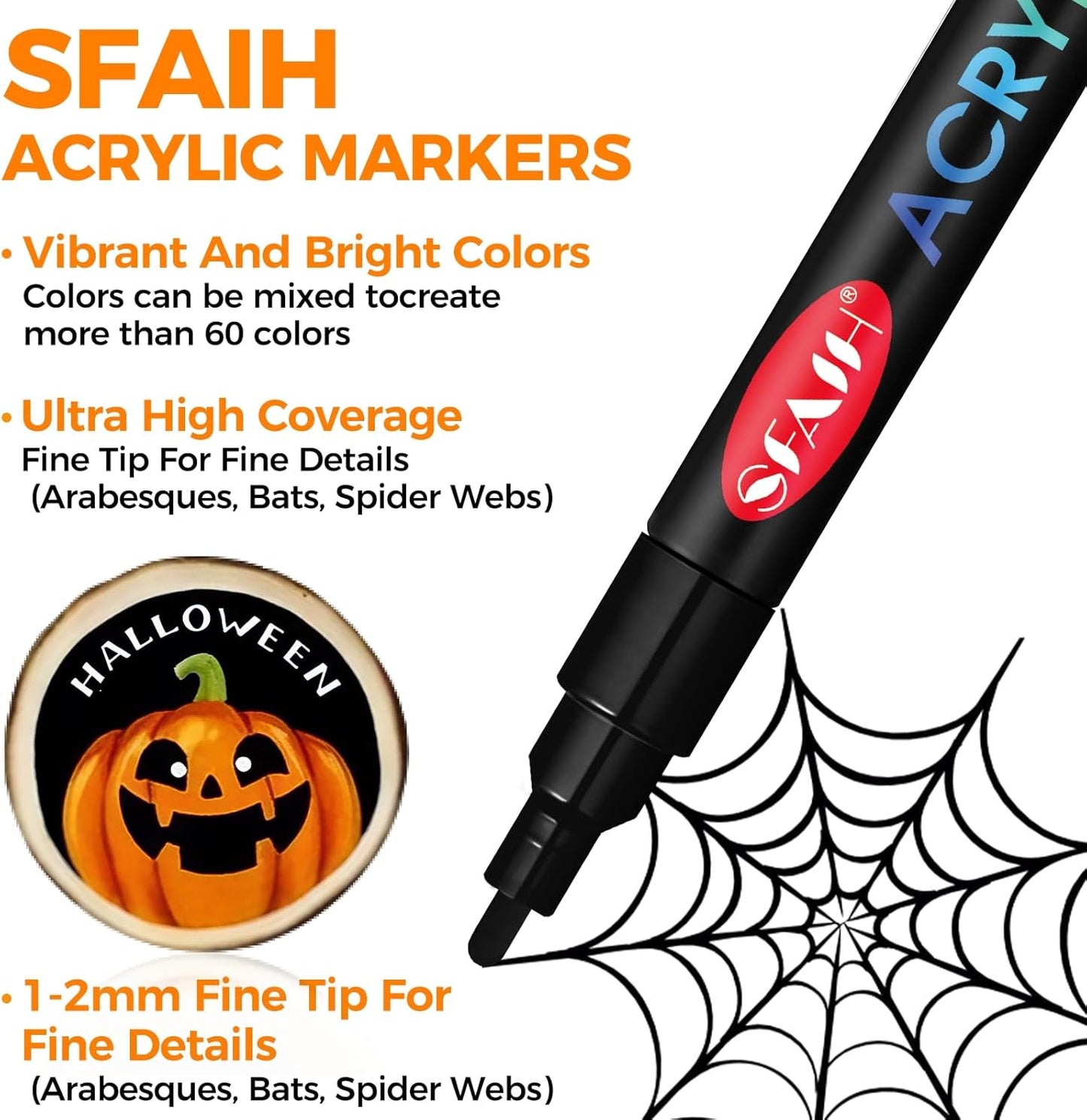SFAIH 48 Vibrant Acrylic Paint Markers - [Ultra High Coverage]1-2mm Fine Tip Pen for Any Surface, Halloween Decorations, Pumpkin Painting, Paper Rock Fabric Wood, Non-Bleeding Permanent Ink, Non-Toxic