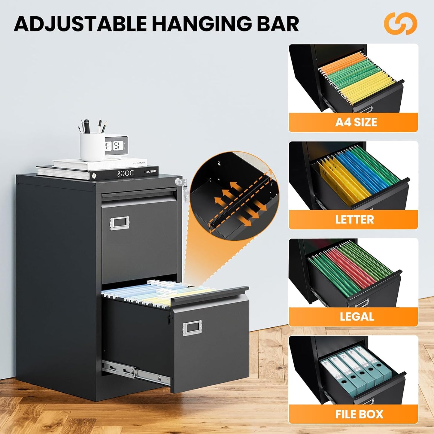 2 Drawer File Cabinet with Lock, Metal Filing Cabinets for Home Office, Vertical Black Small File Caninet, Steel Narrow Two Drawer File Cabnet for Letter/Legal / A4 / B4 - Assembly Required