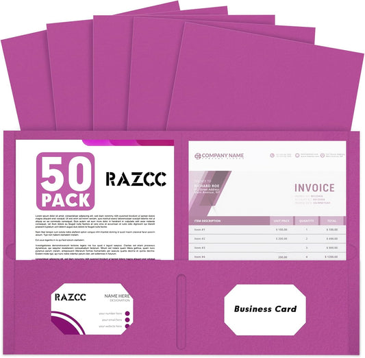 Two Pocket Folders, RAZCC 50 Pack 2 Pocket Folders Fit Letter Size Paper, Paper Folders with Pockets for School Office Business Home, Rose Purple