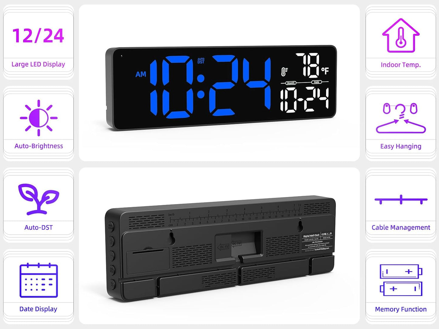 Large LED Digital Wall Clock with Date, Temperature, Auto-Brightness, Auto-DST | Big Digital Clock for Bedroom, Desk, Classroom, Living Room, Kitchen, Office, Gym, Farmhouse, Xmas Gift for Seniors