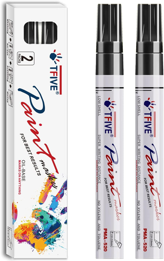 TFIVE Black Permanent Paint Marker Pens - 2 Count Oil Based Marker Pen, Medium Tip, Waterproof & Quick Dry, for Office, Art projects, Rock Painting, Ceramic, Glass, Wood, Plastic, Metal, Canvas