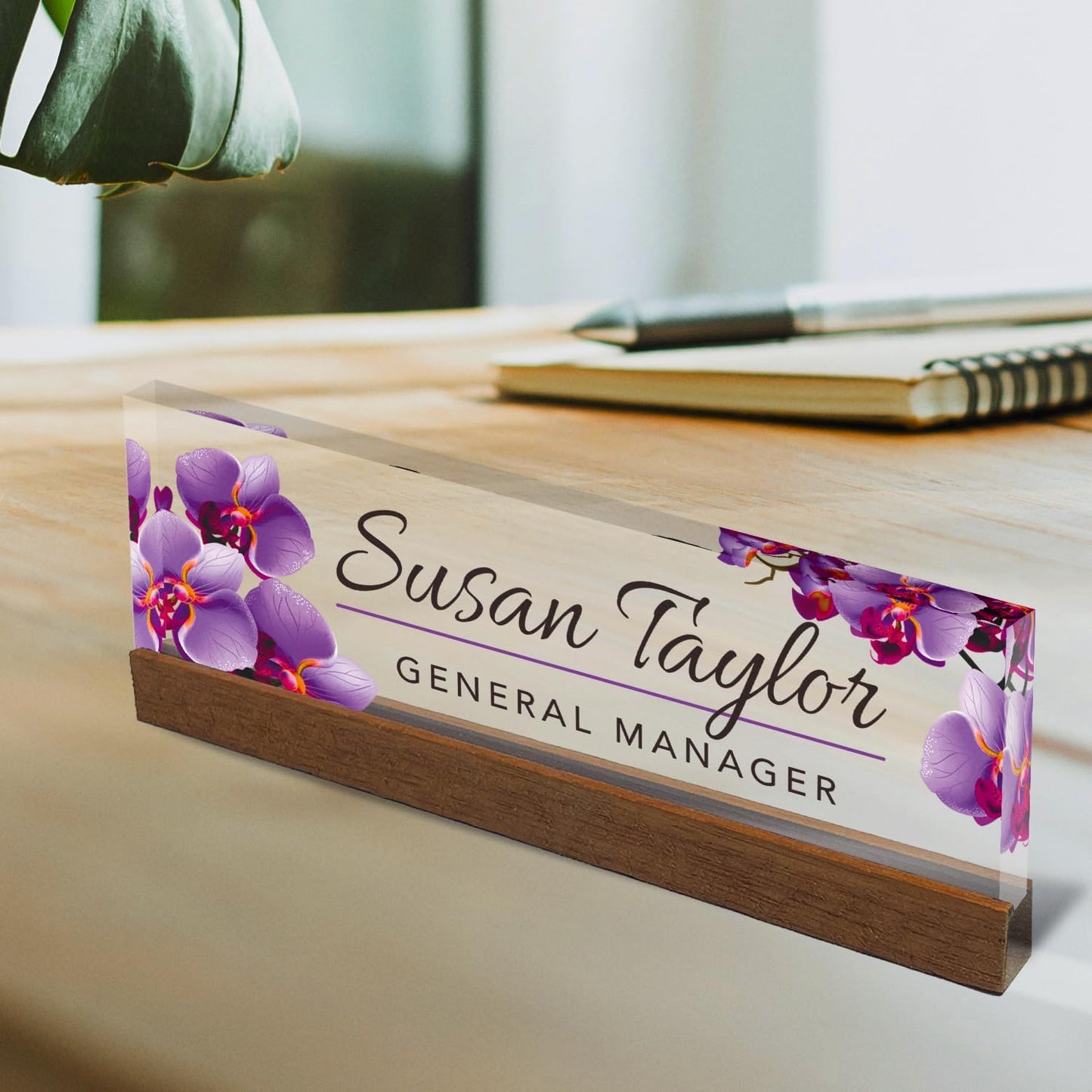 Artblox Personalized Office Desk Name Plate and Business Card Holder | Clear Acrylic Glass with Teak Wood Stand | Purple Orchids Design Customized with Your Name and Credentials Office Desk Decor