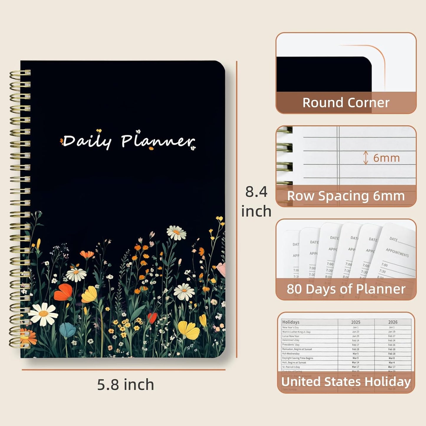 Undated Daily Planner - Spiral Notebook 80 Days One Day Per Page, Hourly Schedule, To-Do List, Notes, Everyday Planning Task, A5 Hardcover Journal Organizer Book Women Cute Aesthetic, Flower