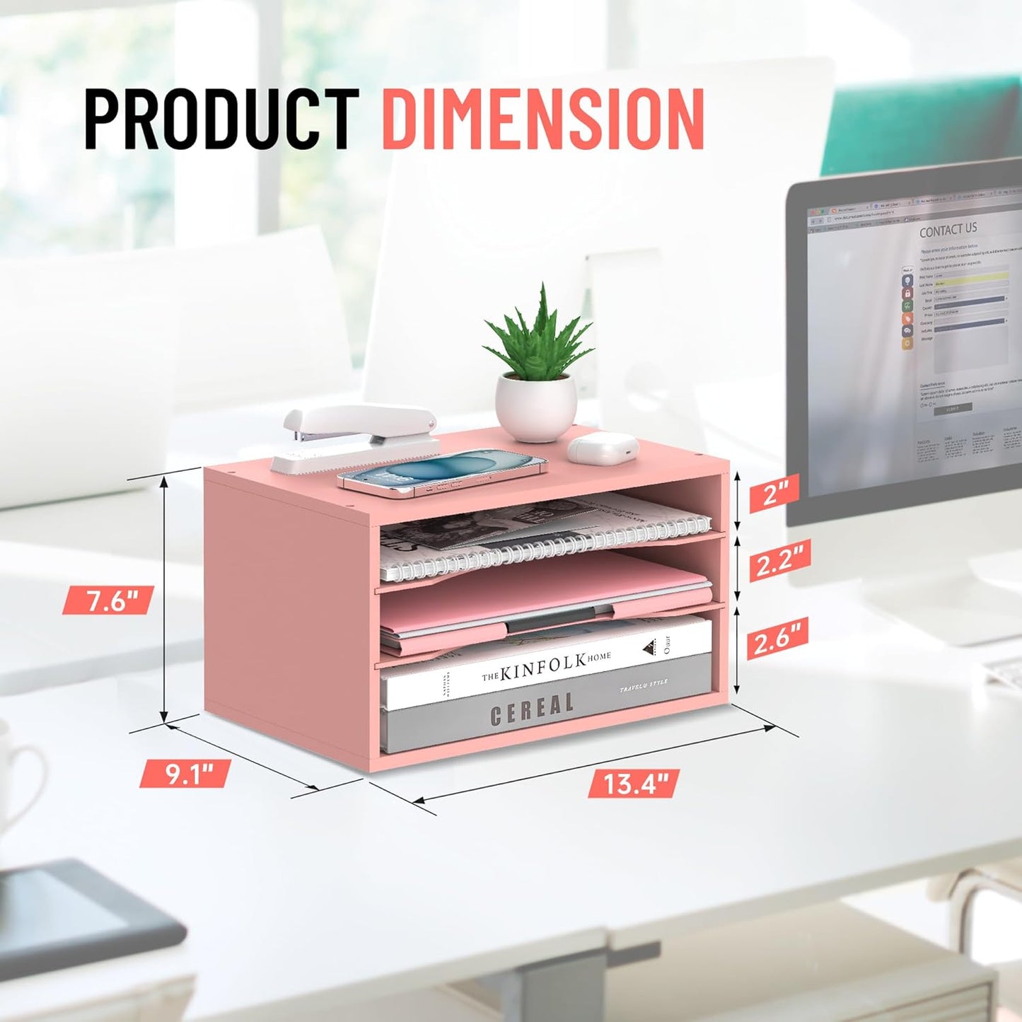 Wood Desk Organizer, 3 Tier Paper Tray Organizer for Desk with Adjustable Storage Shelves, Desktop Paper Sorter Mail Holder for Office Home Classroom, Pink