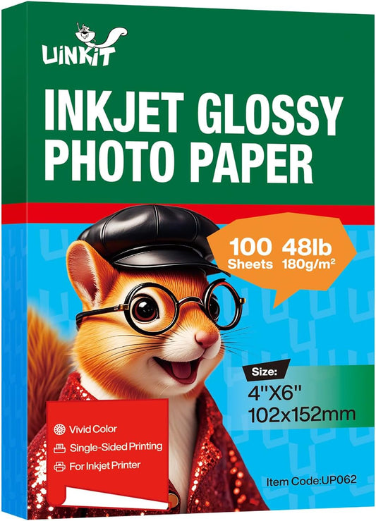 Uinkit Premium Glossy Inkjet Photo Paper - 4x6 Inch, 48lb 180gsm, 100 Sheets - Professional Photographic Quality, Dye Ink Compatible, High-Gloss Finish for Vivid Memories & Instant Prints