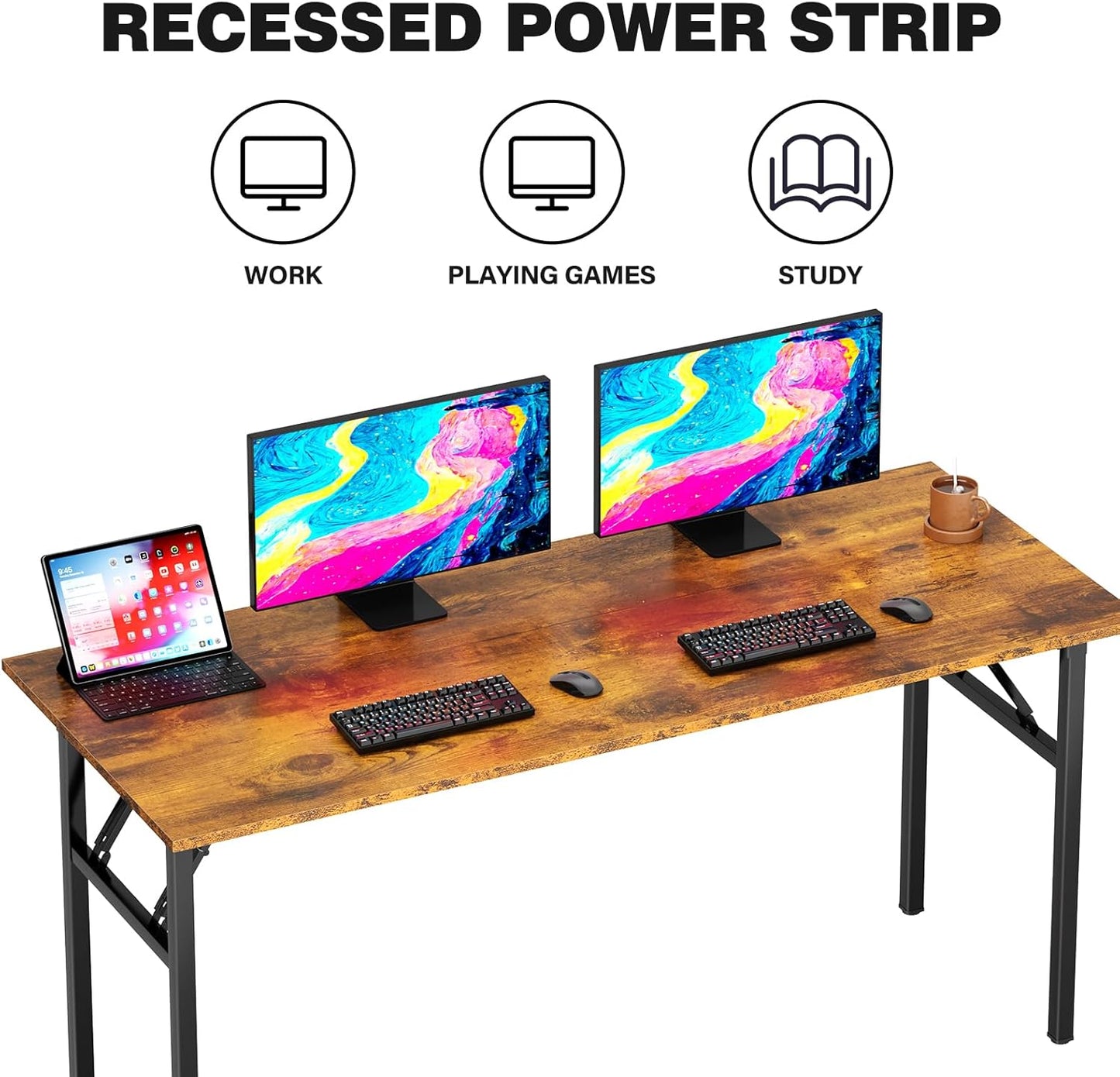 DlandHome Folding Table Computer Desk 62 Inches Workstation Table Conference Table Home Office Desk Fully Assembled Retro and Black Frame