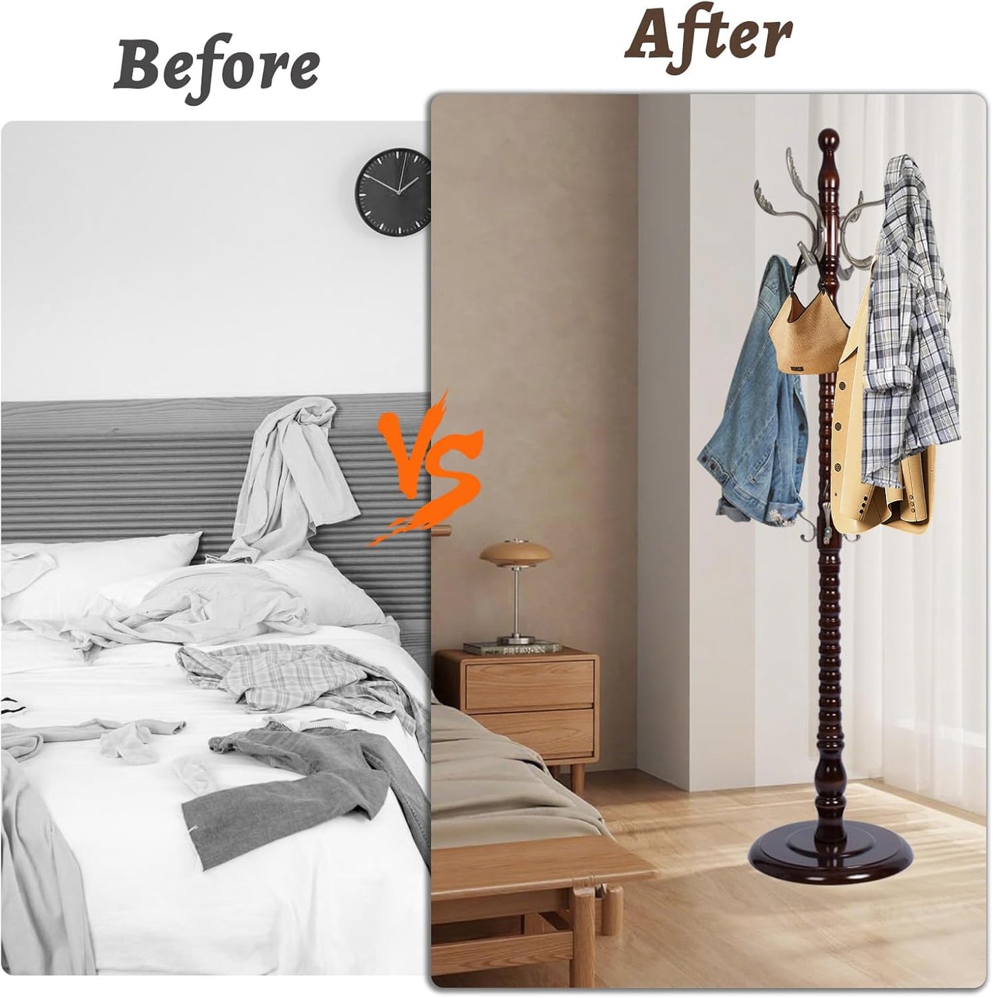 Wooden Coat Rack Freestanding with Resin Hooks, Adjustable Heavy Duty Stand for Hanging Coats, Bags, Hats, and Umbrellas in Living Room, Bedroom, Entryway (Rosewood-Metal Hook)