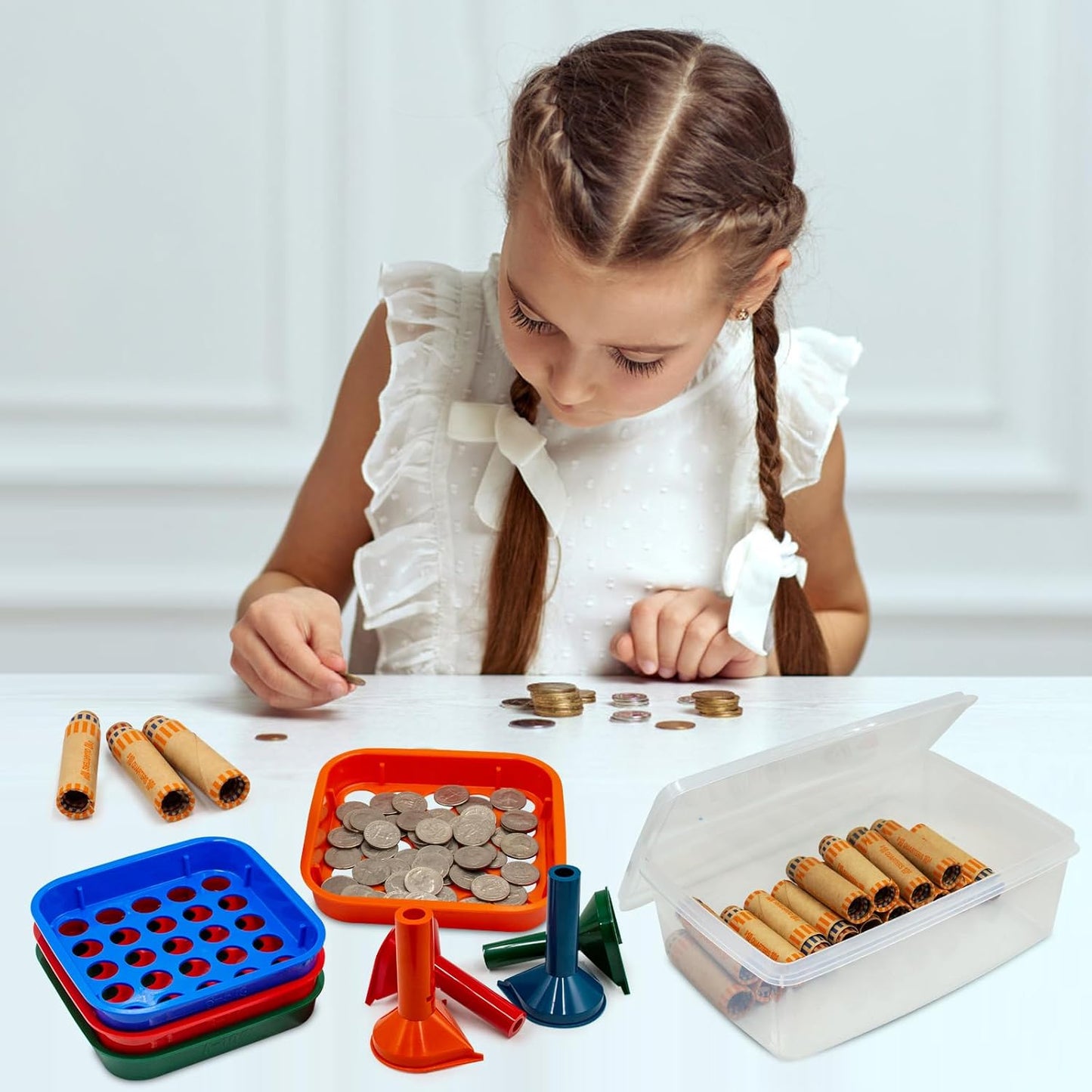 Coin Sorter Tube & Coin Sorter Tray - 4 Color Coded Coin Separator Trays and Coin Sorters Tubes Bundle with 72 PCS Preformed Coin Wrappers