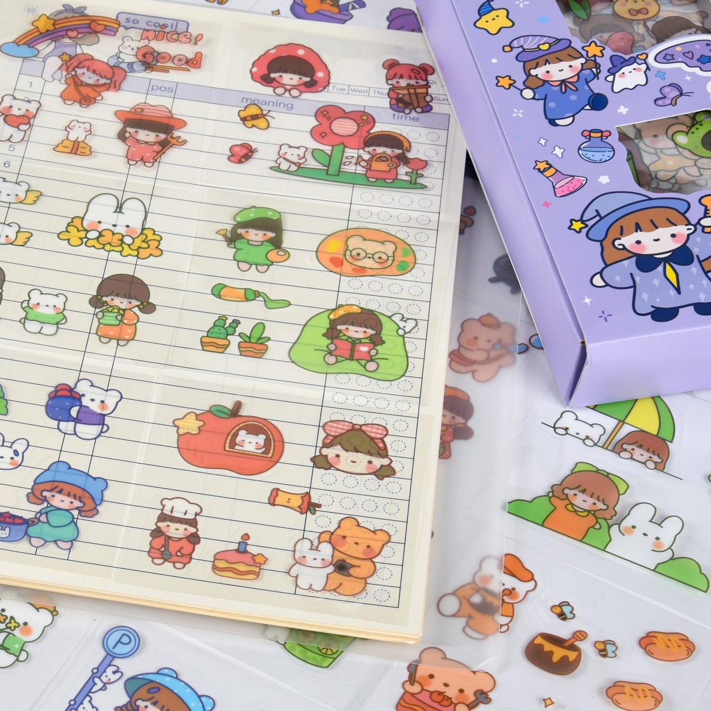 Kawaii Cute Cartoon Bear Stickers - 100 Sheets Bunny Transparent PET Journaling Supplies Calendar Decals Sticker for Scrapbook Collage Planners Arts Crafts Water Bottle Phone Case Kids DIY