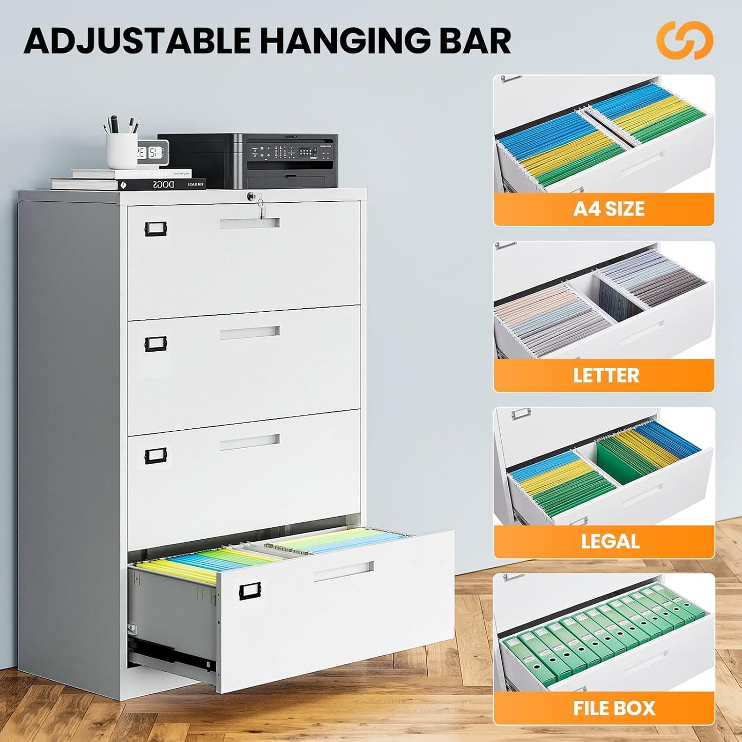 4 Drawer File Cabinets for Home Office, Metal Filing Cabinet with Lock, White Locking File Caninet Four Drawer, Office Storage Caninets Steel Cabnet for Letter/Legal/A4/F4-Assembly Required