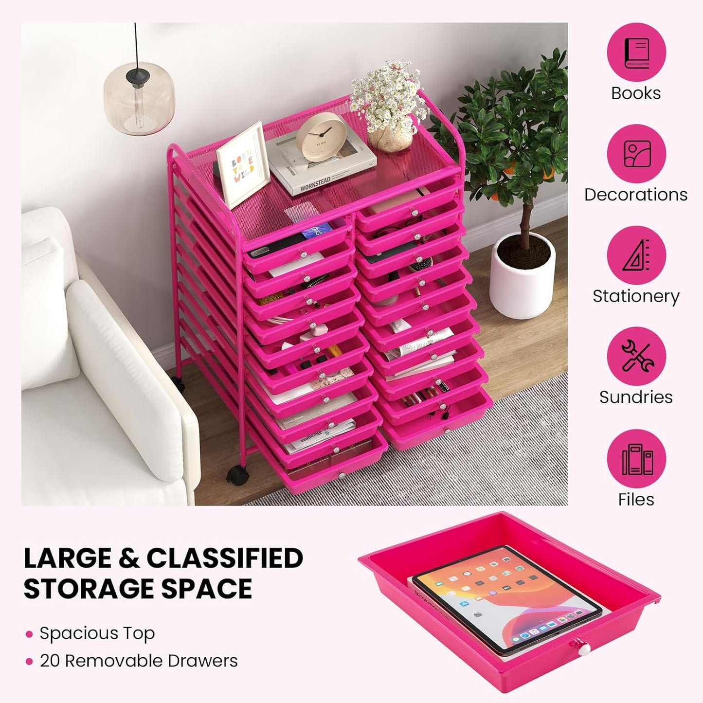 Giantex 20 Drawers Rolling Cart, Mobile Storage Drawer Cart, Classroom Organizer for Office School Supplies Teacher Tools Scrapbook Paper Craft Small Printer, Utility Stand on Wheels, Hot Pink