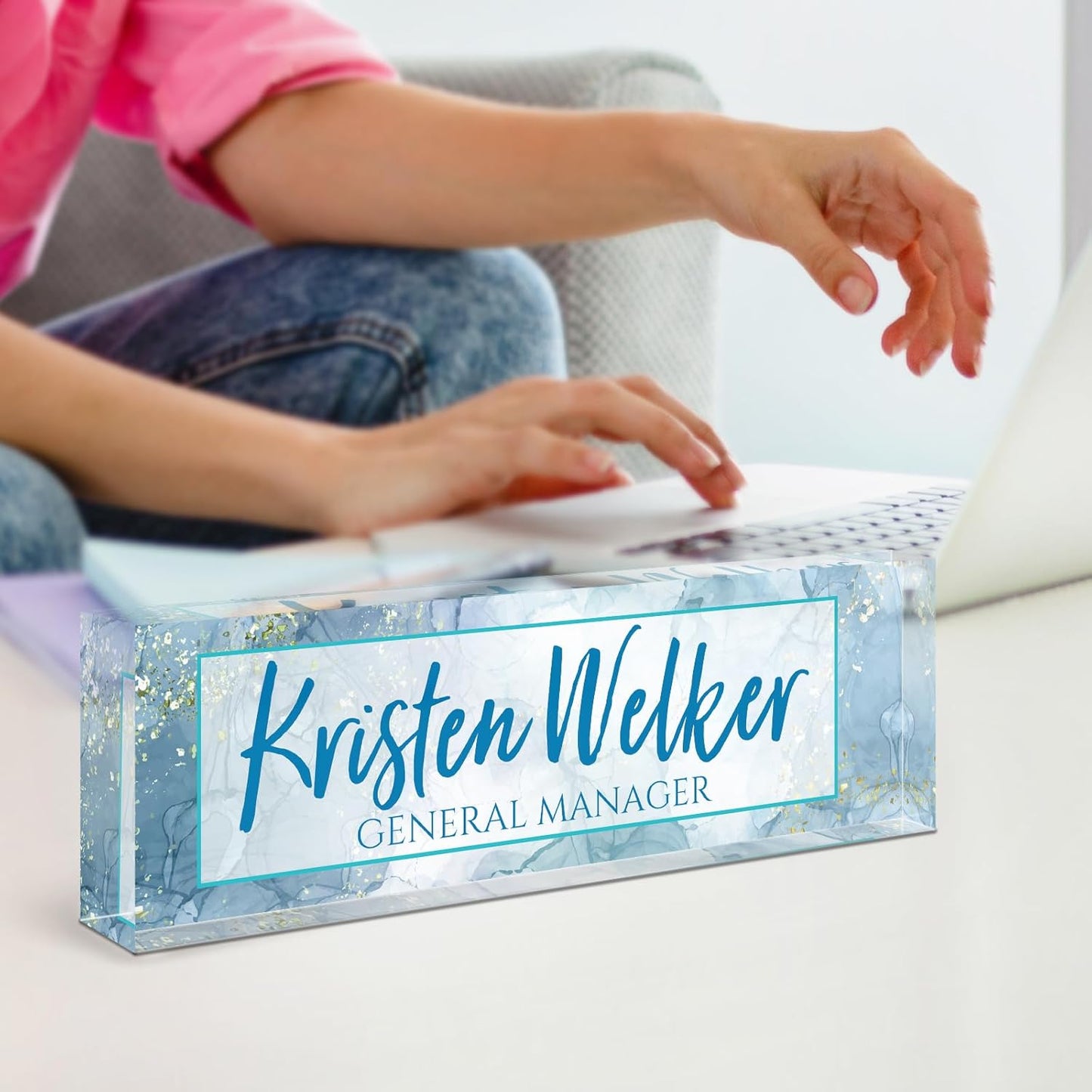 Name Plate for Desk, Desk Name Plate Personalized, Office Decor for Women Men, Acrylic Desktop Accessories, Office Appreciation Gifts for Boss Social Workers Nurse Teacher Employee (Blue Marble)