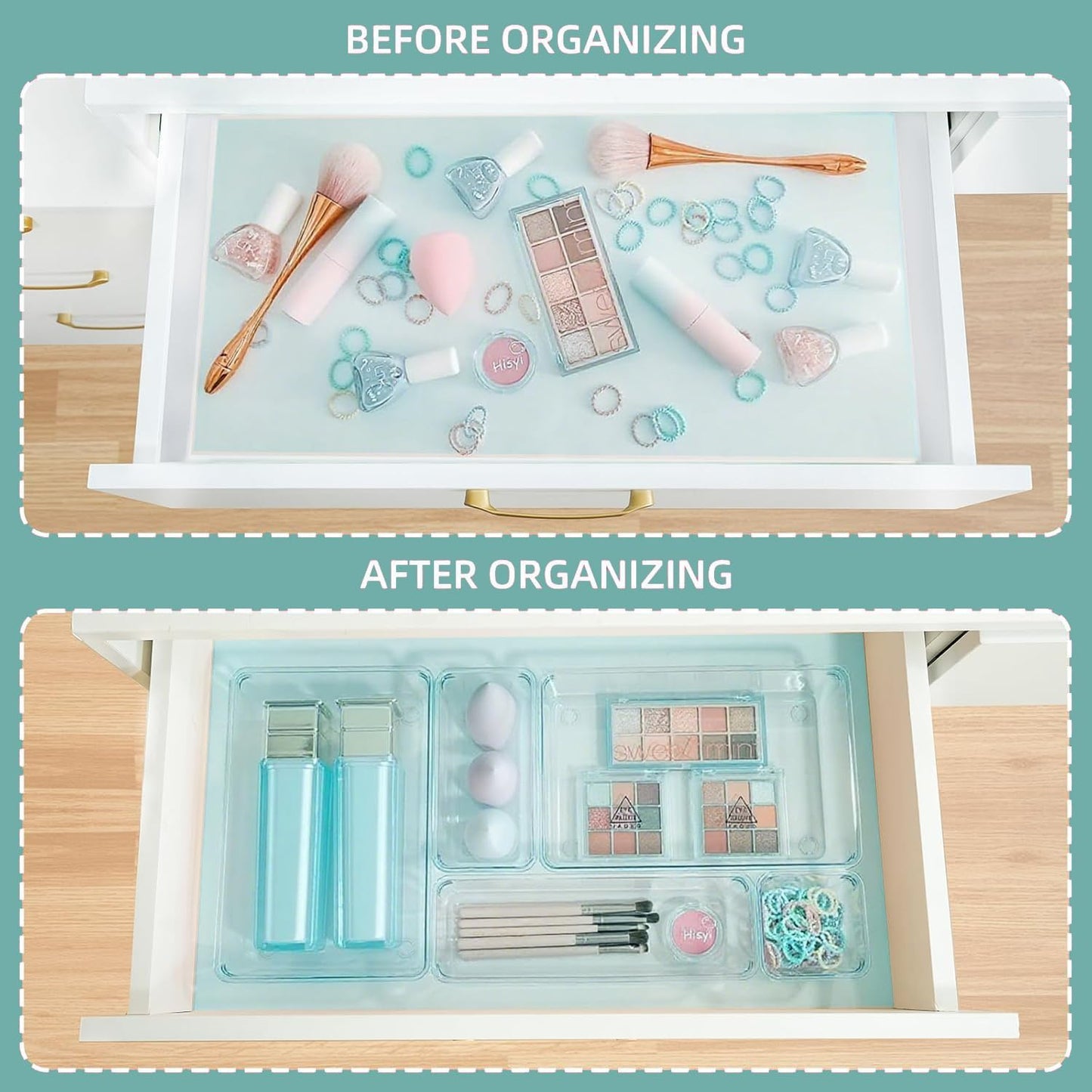 Kitchen Desk Drawer Organizers Storage for Office, Small Acrylic Vanity Trays Makeup Organizer for Drawer Bathroom Plastic Make up Organizers 25 Pcs Clear Blue