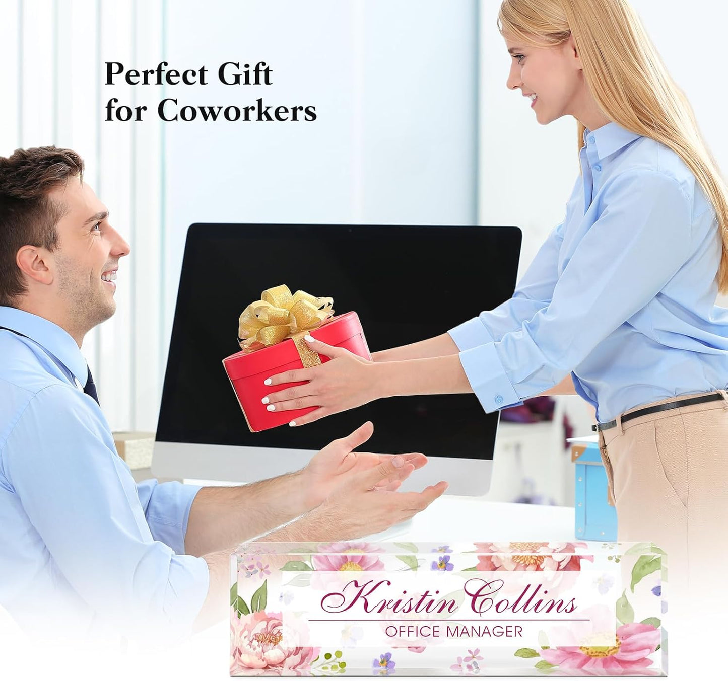 Custom Name Plate for Desk, Acrylic Office Decor For Women Men, Personalized Office Desk Accessories, Teacher Employee Appreciation Gifts For Social Worker Boss Coworkers (Flowers-3)