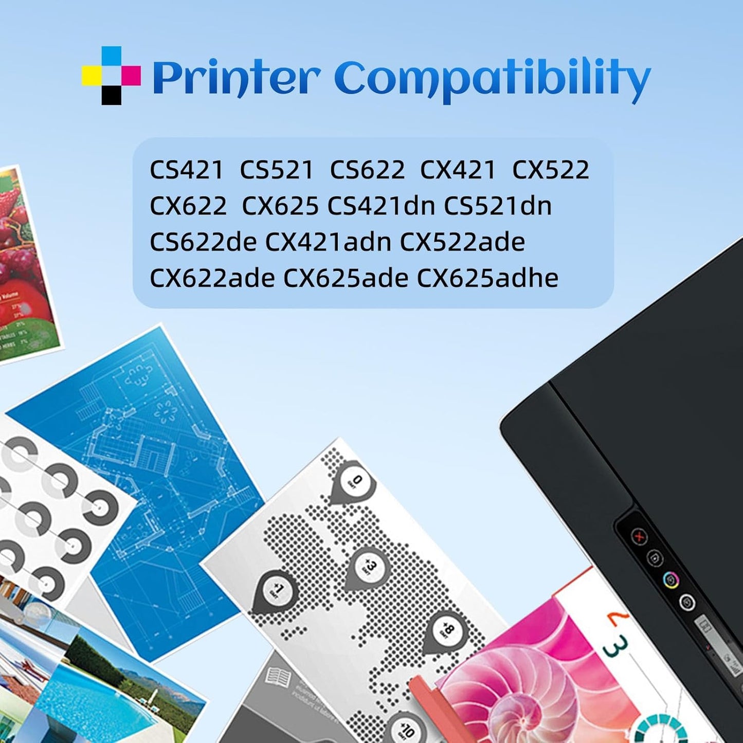 78C1XK0 78C1XC0 78C1XM0 78C1XY0 High Yield Toner Cartridge Replacement for Lexmark CS421 CS521 CS622 CX522 CX421 CX622 CX625 CS622de CS521dn CS421dn CX421adn CX522ade Printer （4 Pack）