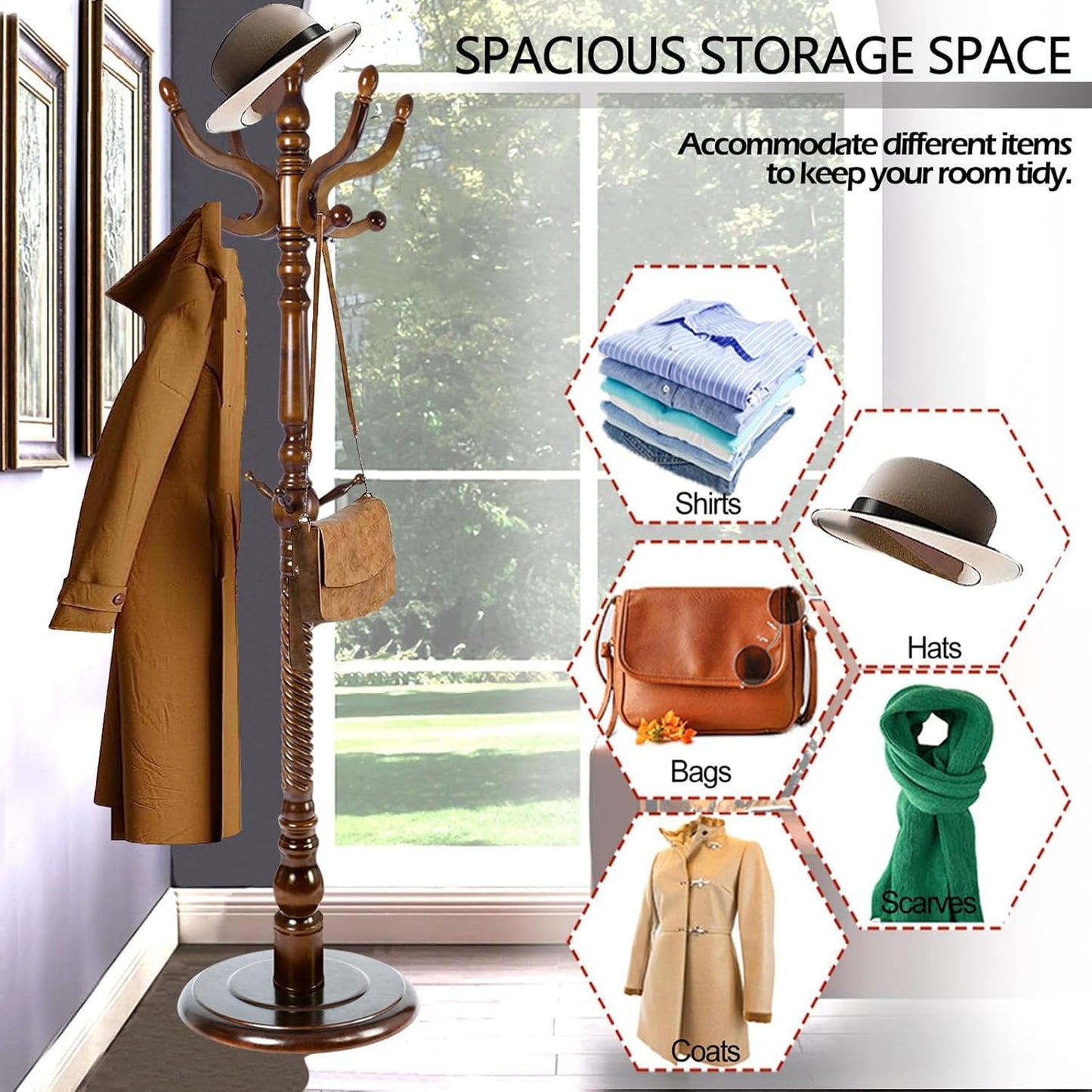 Coat Racks Free Standing with 11 Hooks, Natural Wood Coat Stands for Entryway, Adjustable Height 74 in Tree Coat Rack Stand for Hallway Home Office Bedroom (Brown Round Base)