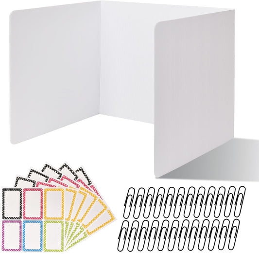 24 Pack Desk Dividers for Students,3-Fold Privacy Screens,Testing Dividers for Classroom Waterproof,Plastic Easy Clean Privacy Shields for Student Includes Extra Labels