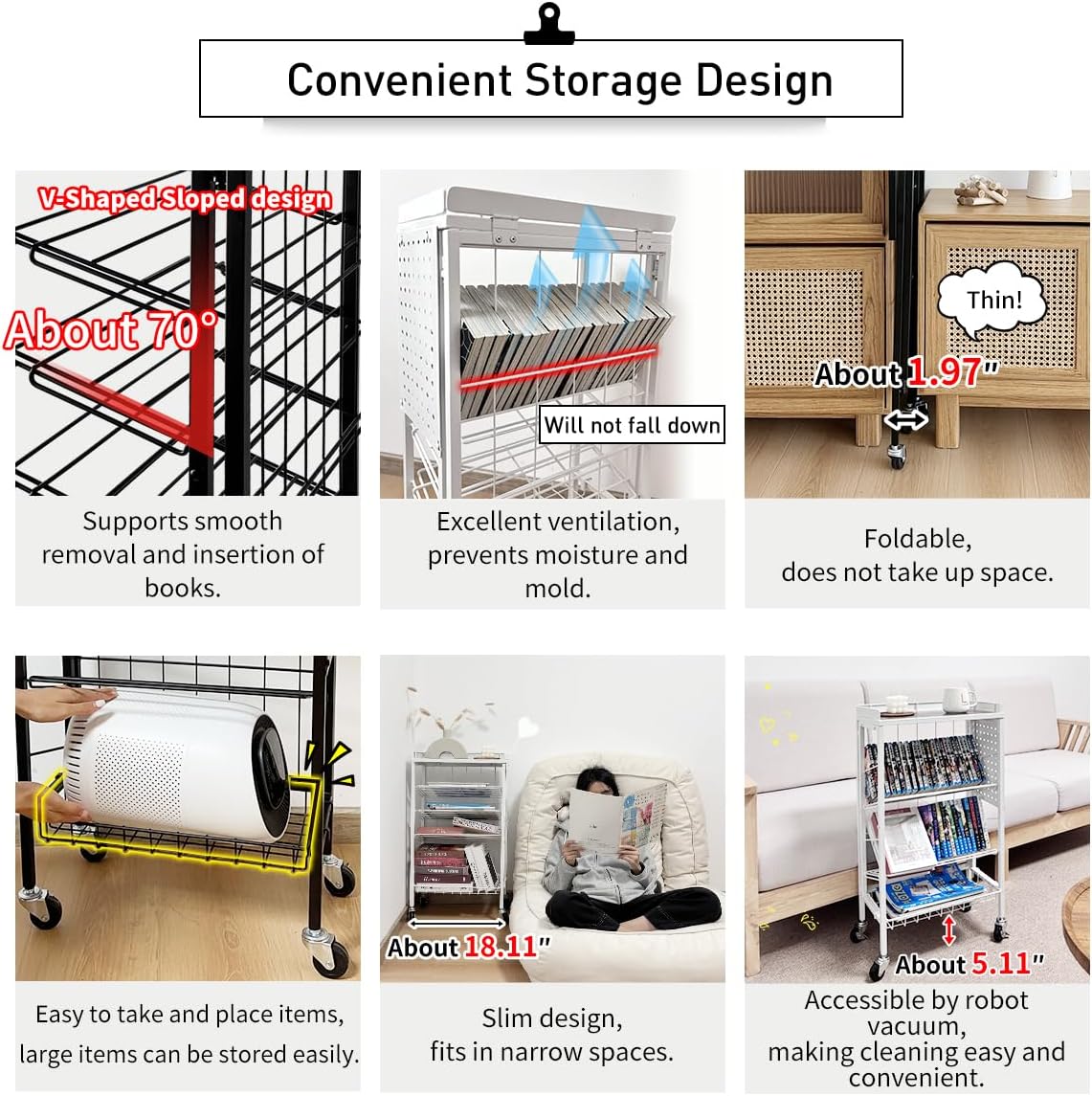 Lumizone Foldable Book Cart 6-Tier Large Capacity Bookshelf Single Sided V-Shaped Sloped Shelves With brake Wheels With PegBoard Slim Rolling Utility Cart Storage Rack, Home Shelves and Office (Black)