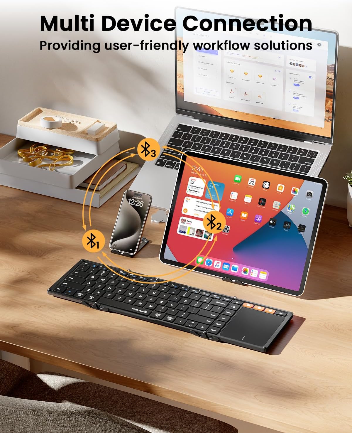 ProtoArc Foldable Keyboard with Touchpad, XK01 TP Folding Portable Keyboard, Full Size Keys, Large Trackpad Bluetooth Travel Keyboards for iPad Laptop PC Tablets -Black
