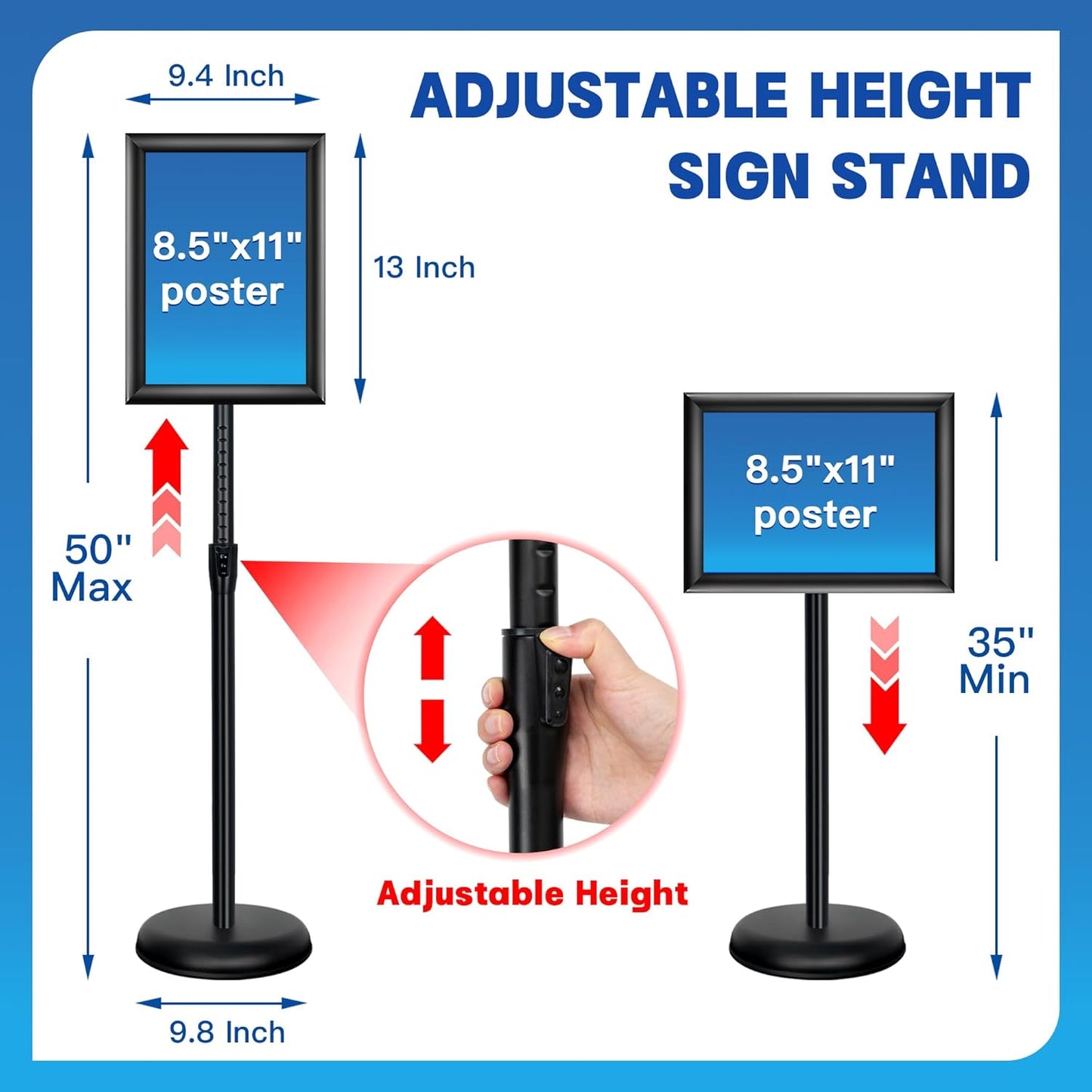 Sign Holder Stand - 8.5x11 Inch Adjustable Floor Standing Sign Stand for Display, Pedestal Poster Stand for Vertical & Horizontal View, Indoor & Outdoor Use for Business & Store - Black