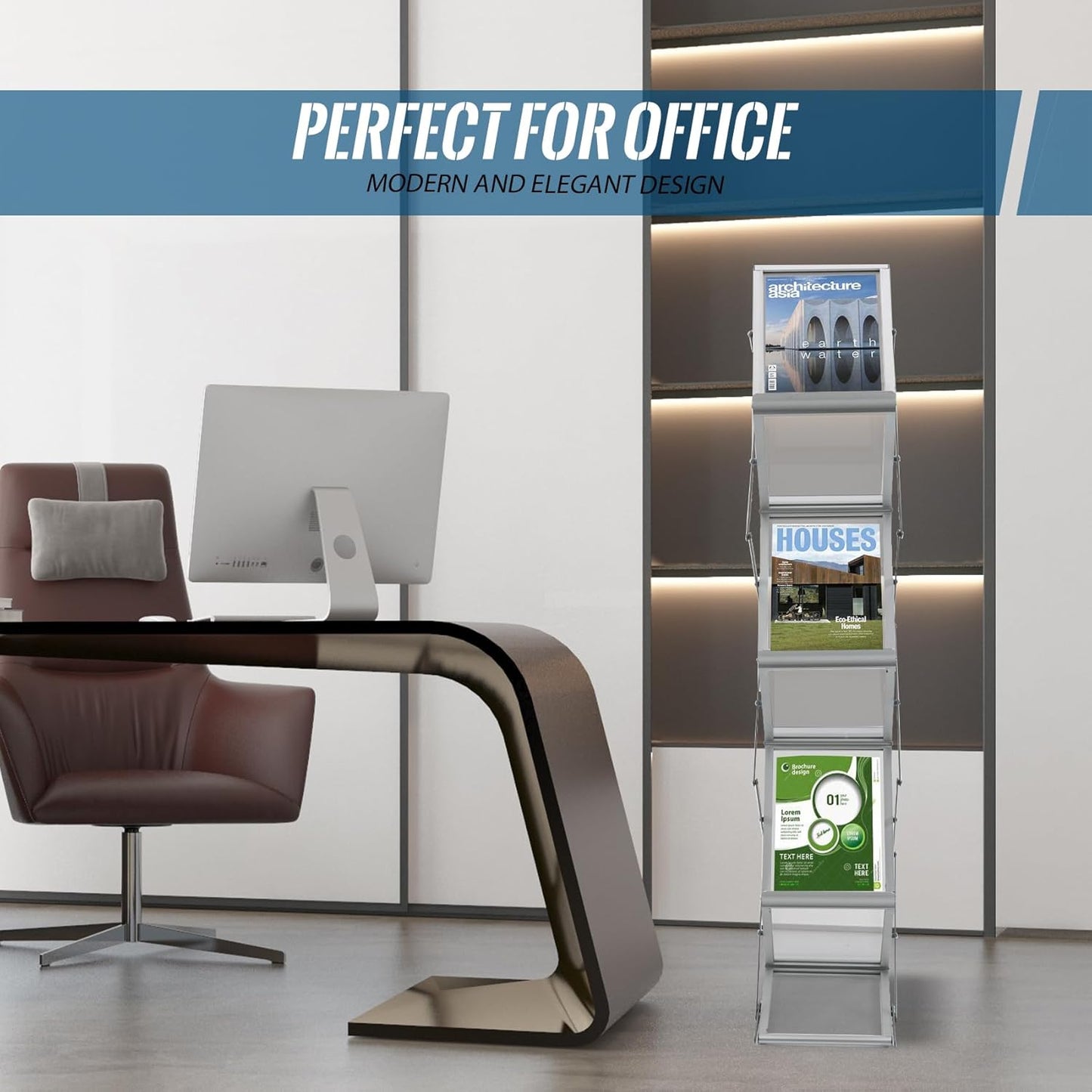 6 Pockets Aluminum Floor Standing Magazine Rack with Carrying Bag, Portable Pop-up Brochure Display Stand, Foldable Catalog Literature Display Stand, A4 Size, for Exhibition, Trade Shows, Office