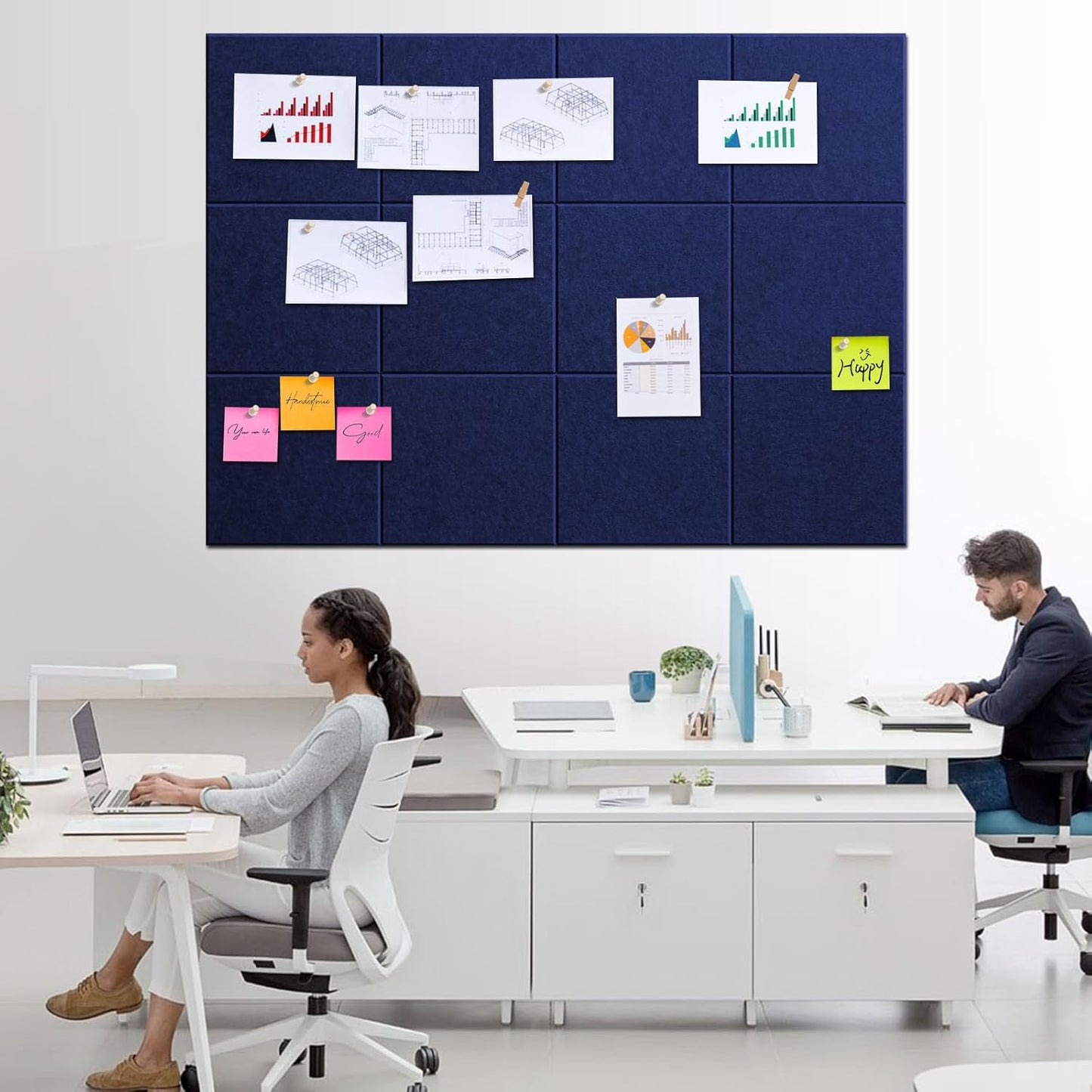 Large Cork Board 48" x 36" - Blue Bulletin Board for Walls - 12 Pack Felt Wall Tiles with Safe Removable Adhesive Tabs - Corkboard for Office Classroom Home Decor - Navy Blue