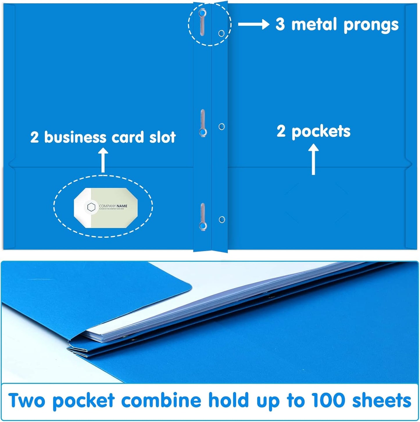 Two Pocket Folder, HERKKA 100 Pack 2 Pocket Folders with Prongs, Business Card Slots Letter Size Paper Folders Designed for Office and Classroom Use, Assorted 5 Colors