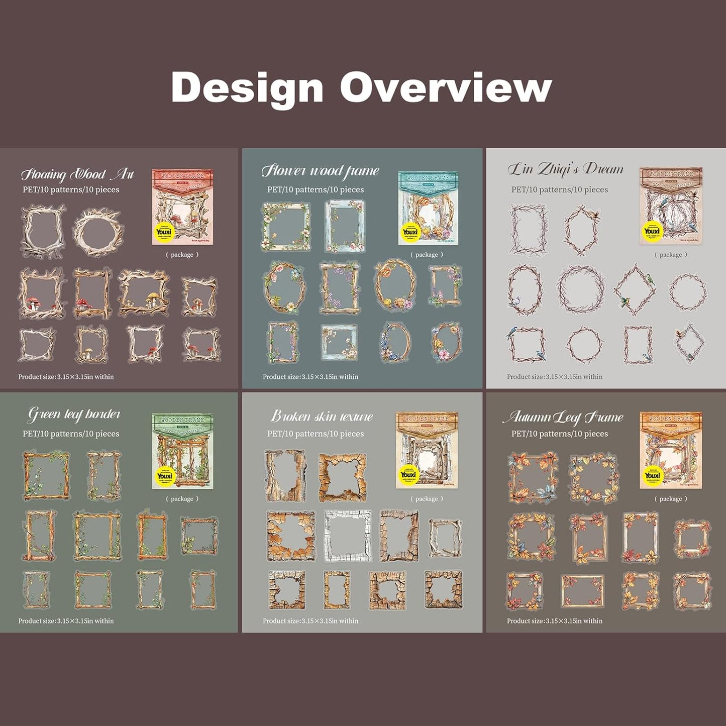 Vintage Wooden Frame PET Sticker Set, 60PCS Retro Aesthetic Scrapbook Stickers for Journaling, DIY Crafts, and Decorative Art Supplies