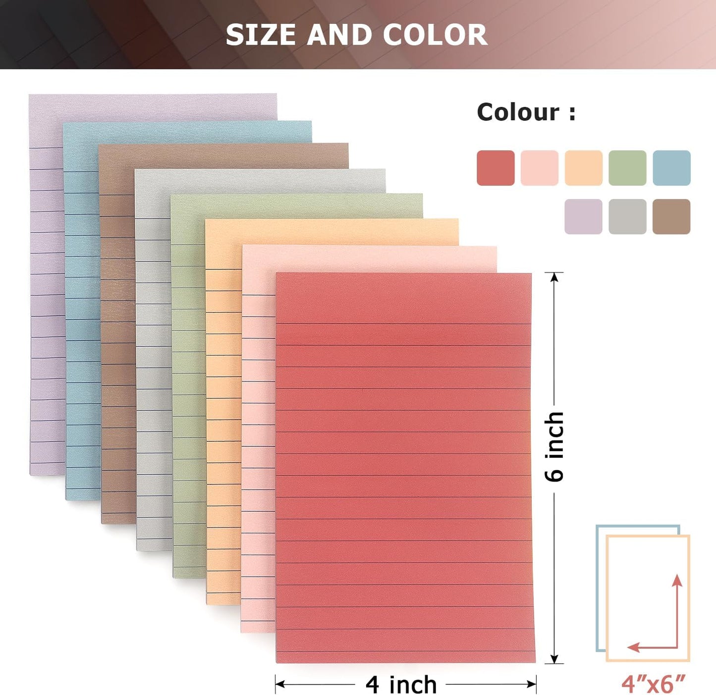 4x6 Inch Lined Sticky Notes, 8 Pack, Vintage Colors, Premium Self-Adhesive Notepads, Large Sticky Pads for Office, School & Home Use, Easy to Use, Reusable & Removable