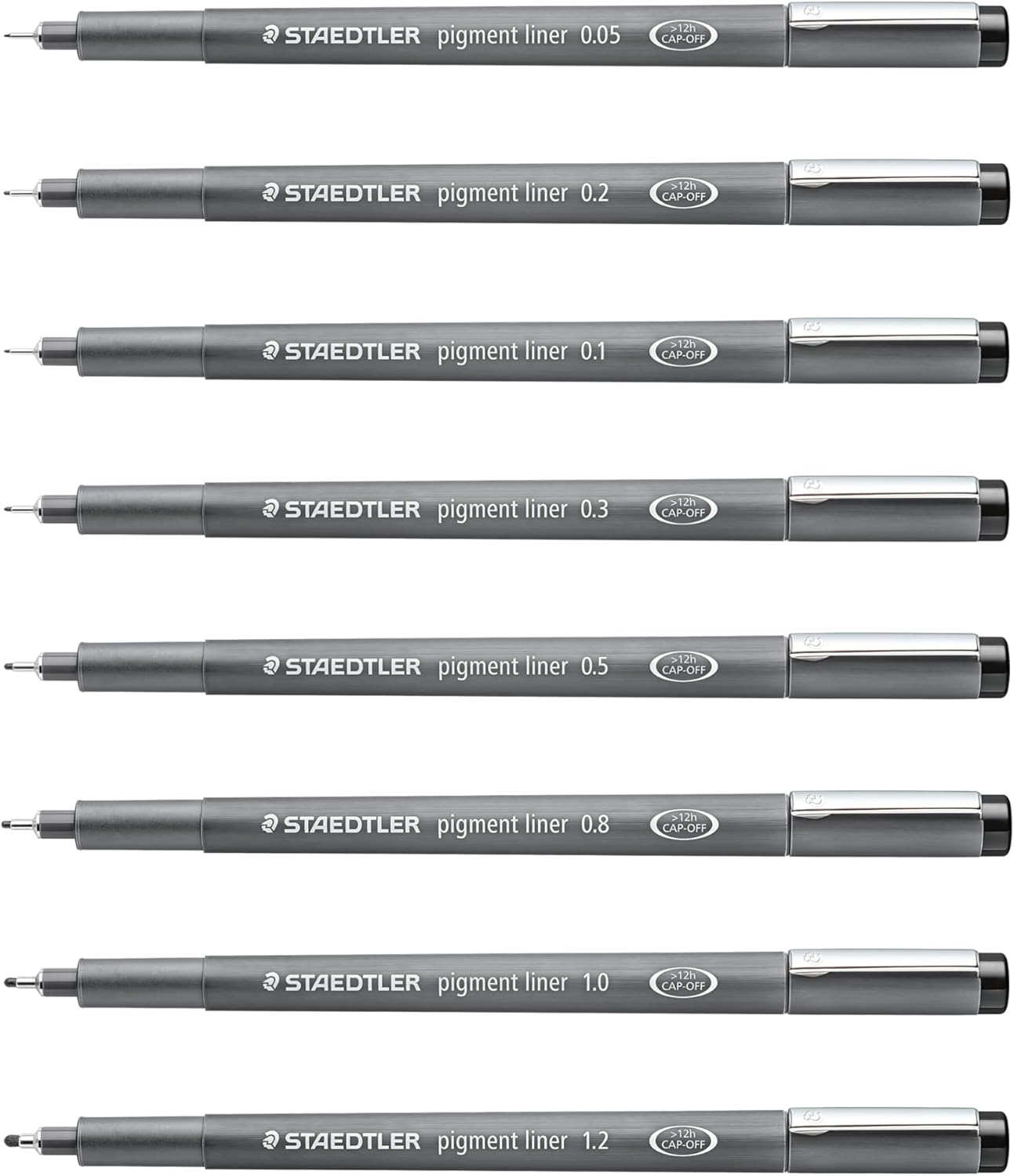 STAEDTLER Pigment Liner Pack, Black, 8 Pens, Assorted Line Widths, 0.05mm, 0.1mm, 0.2mm, 0.3mm, 0.5mm, 0.8mm, 1.0mm, 1.2mm