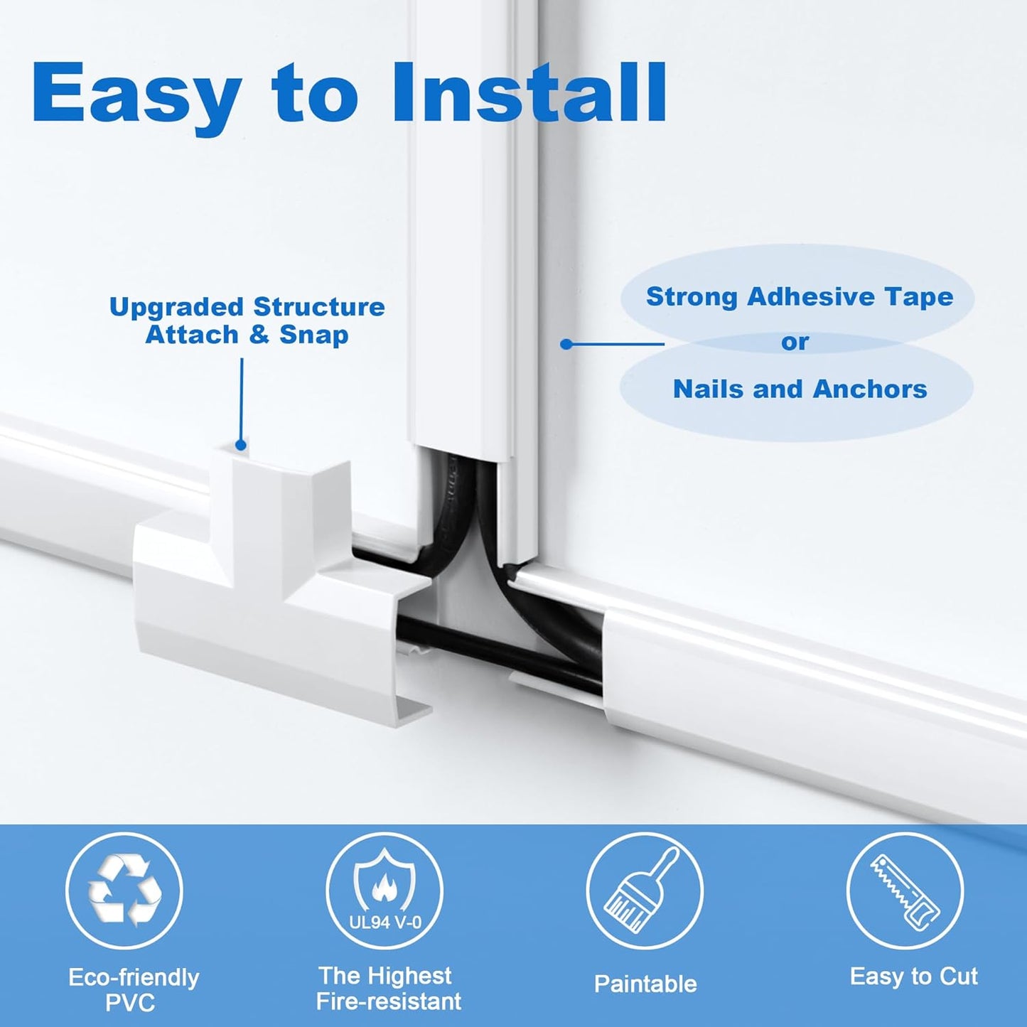 204in Wall Cable Hider, Cord Hider to Hide 2-3 Cords, TV Wire Hider for Wall, Cable Management Kit, Cable Raceway White, Paintable Cable Concealer, 12 x L17in W0.98in x H0.5in