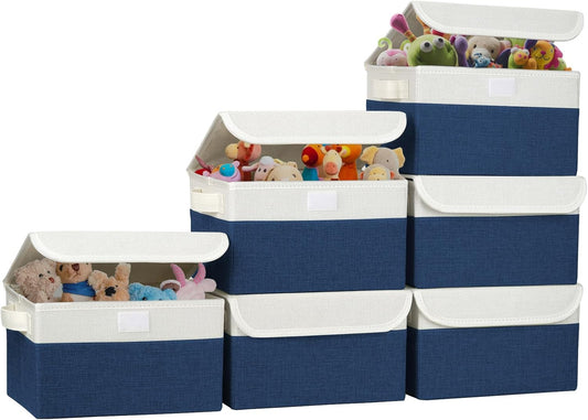 Small 8 Quart Linen Fabric Foldable Storage Bin Cube Organizer Basket with Lid & Handles, Collapsible Decorative Box Container for Home, Dorm, Closet (Navy Blue & White, 10"x8"x6", 6-Pack)