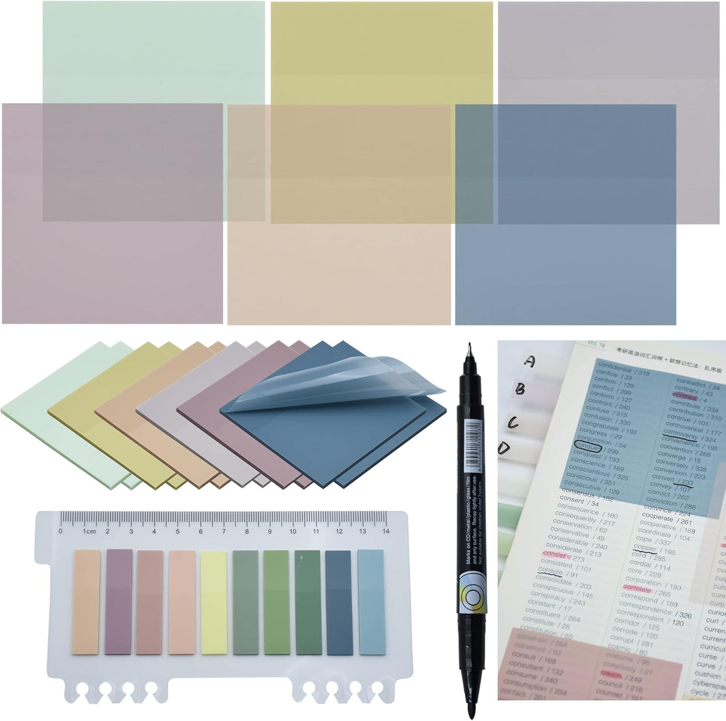 800Pcs Transparent Sticky Notes, 3"x3" Clear Sticky Notes, Waterproof Translucent Sticky Note Pads for Books Annotation, Clear Post it Notes for Bible Study, School, Office（Morandi）