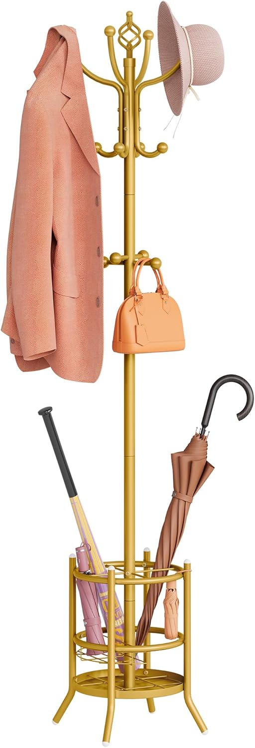 Tajsoon Coat Tree with Umbrella Holder, Coat Rack Freestanding, Coat Hangers Stand with 16 Hooks, Standing Coat Rack for Living Room, Bedroom, Office, Gold