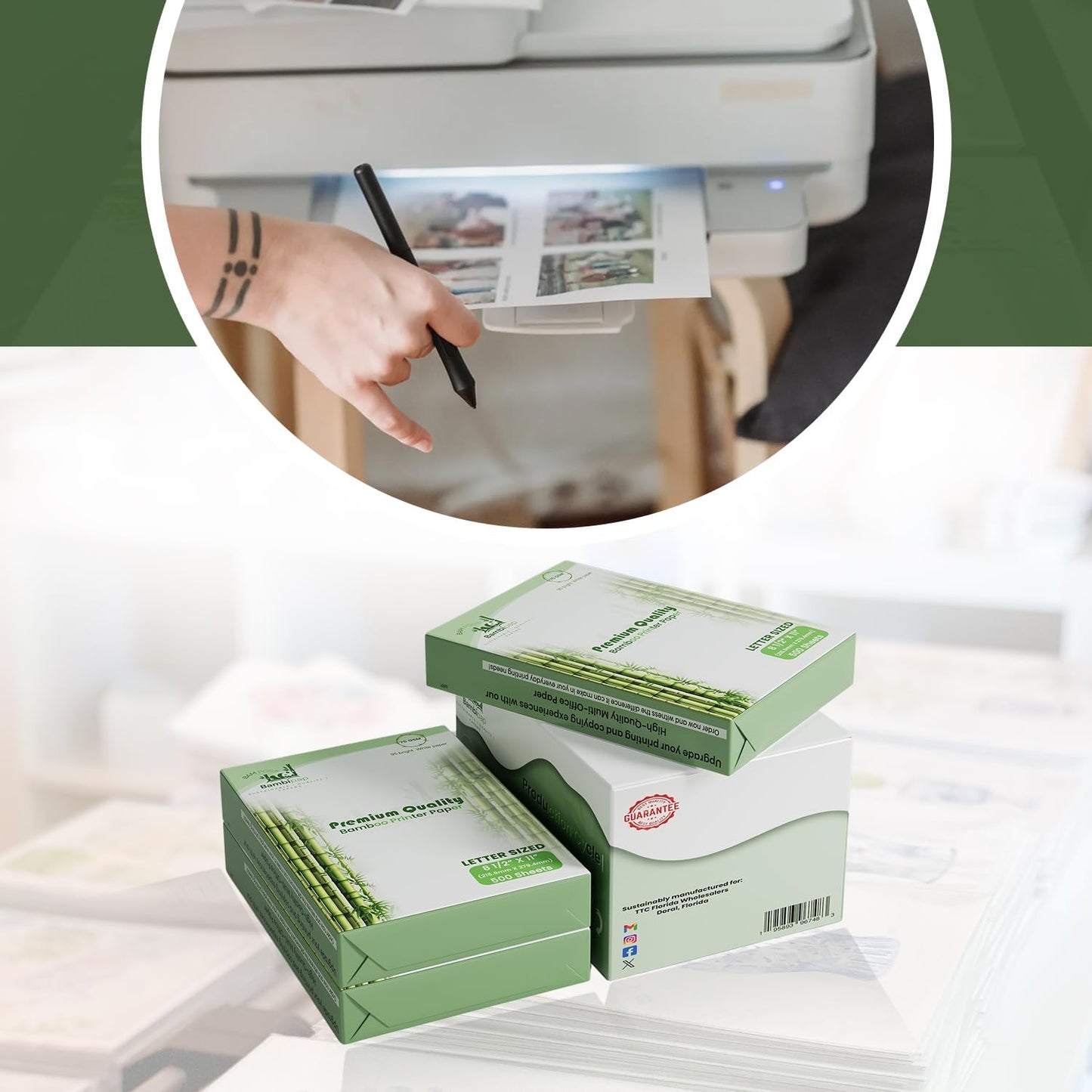 Bamboo Printer Paper - 8 1/2” x 11”- 20LB Multipurpose White Paper - Made from Bamboo Fiber, Renewable Resources, Zero Trees Used - 3 reams (1500 Sheets)