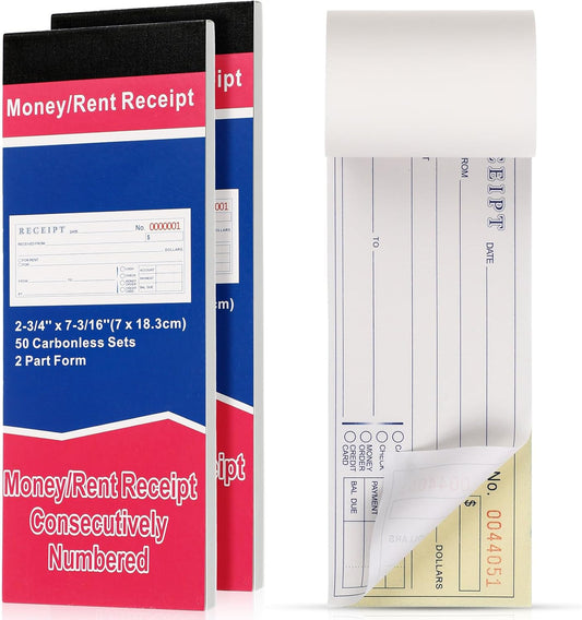 Crtiin 2 Pads Money and Rent Receipt Book 2.75 x 7.2 Inch Bound Cover 2 Part Carbonless Receipt Book with Carbonless Copies Receipt Log Book 50 Sets Per Book