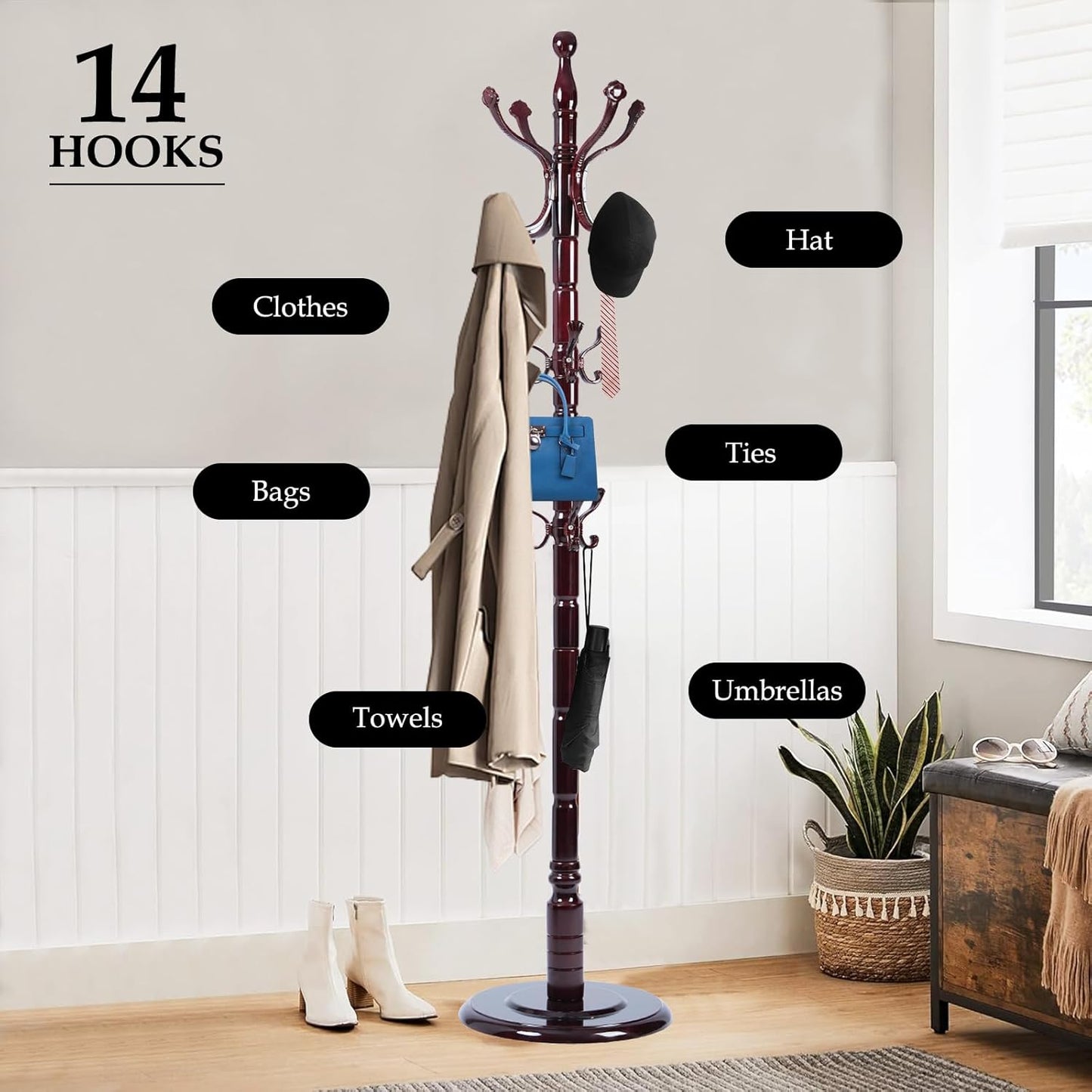 Wood Coat Rack Freestanding, Natural Coats Tree Stand with 14 Hooks, 73" Sturdy and Easy Assembly Coat Rack Stand for Entryway, Hallway, Bedroom, Bags, Hats (Heavy-duty Disc Base, Lucky Curve)