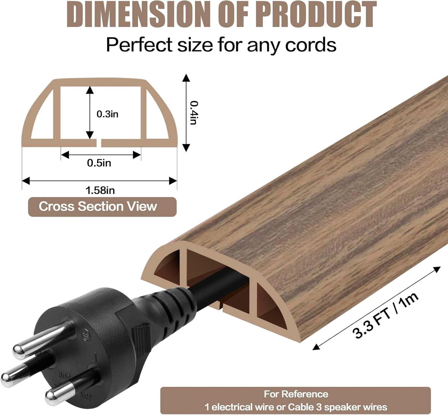 Floor Cord Cover Self Adhesive Cord Hider,3.3FT Cable Management, Extension Strip Protector for Wires, Prevent Cable Trips for Offices, Gyms, Exhibitions Cavity:0.51"(W) x0.3(H) Woodsmokedbrown