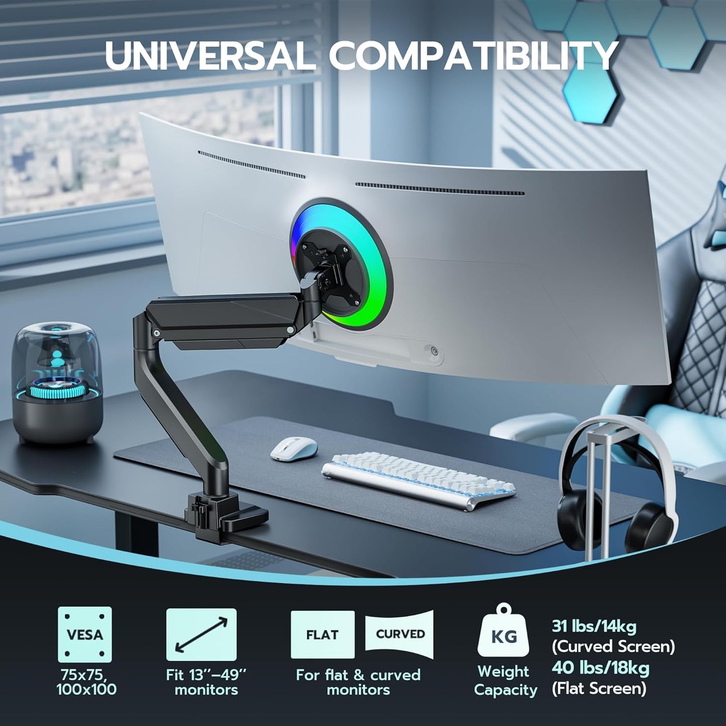 ARES WING Ultrawide Monitor Arm, Heavy Duty Single Monitor Mount for 13"-49" Curved Screens, Adjustable Stand for Desk with C-clamp & Grommet Base up to 40 LBS, Black