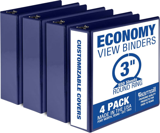 Samsill 3 Inch 3 Ring Binders, Made in USA, Economy Round Ring, Clear View Cover, 550 Sheet Capacity - for School, Home, Office - Blue, 4 Pack