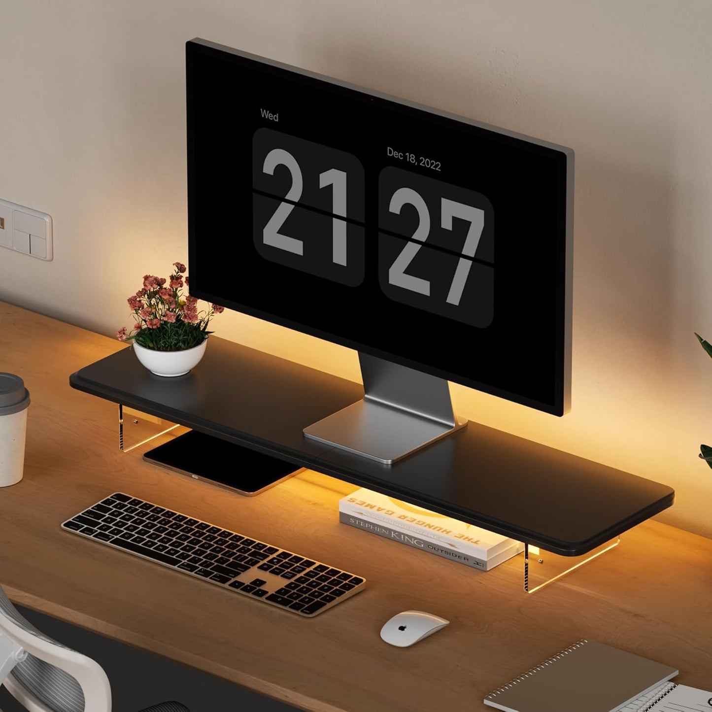 Monitor Stand Riser,31.5-Inch LED Light Wood Computer Monitor Stand with Adjustable Acrylic Legs,Desk Accessories Desktop Organizer Stand for Computer,Laptop,Printer,PC TV Screen Riser，Black