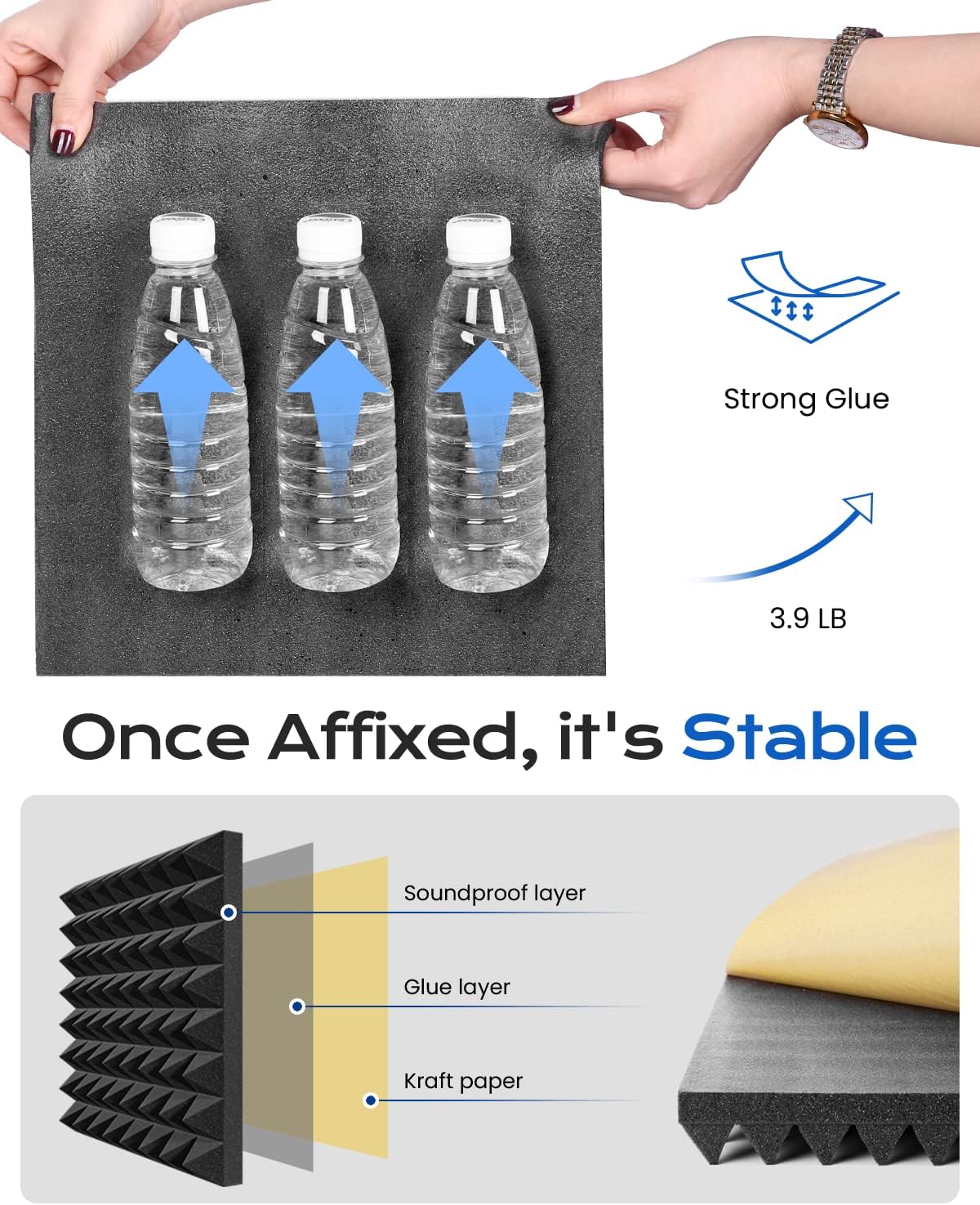 Sonicism Sound Proof Foam Panels for Walls Upgrade Self-Adhesive 12 Pack Pyramid 3"X12"X12" Acoustic Panels 35kg/m³High Density,Soundproof Wall Panels Fast Expand,Sound Absorption and Decoration,Black