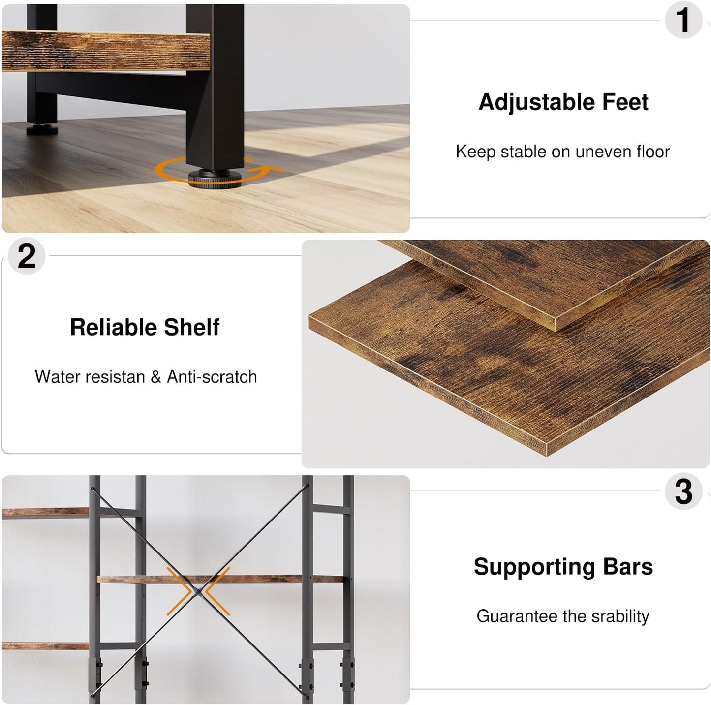 OTK Triple Wide 5 Tier Bookshelf, Rustic Industrial Style Bookcases with 14 Open Display Shelves, Wide Bookshelves for Bedroom, Living Room and Home Office, Rustic Brown