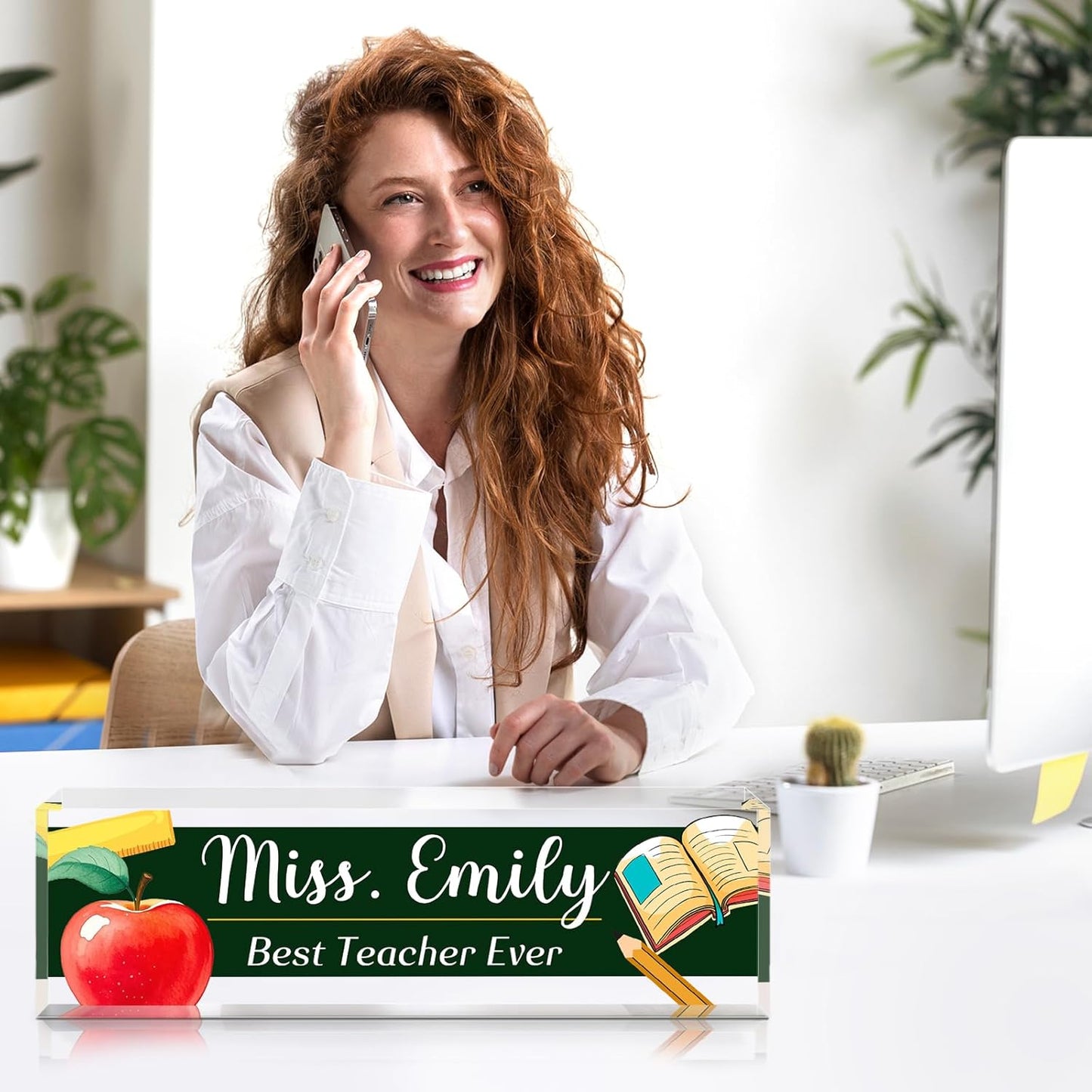 Personalized Name Plate for Desk - Custom Engraved Name Plates for Teacher -Teachers Day Gifts- Best Teacher Ever Teacher Appreciation Gifts- Acrylic Office Decor (Khaki)